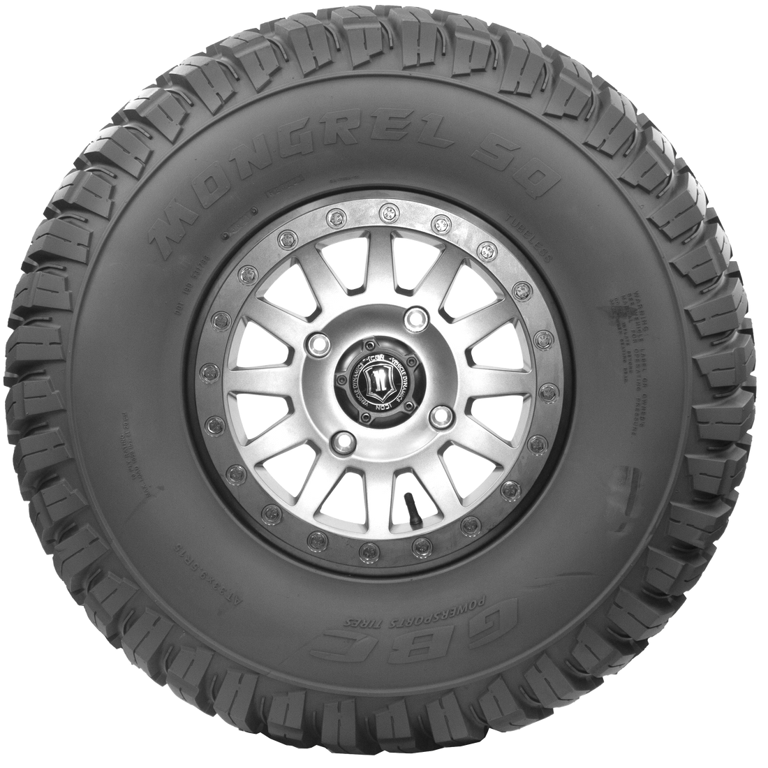 Sideview of Mongrel SQ ATV/UTV tire, displaying the innovative square lugs that extend across the tread and down to the sidewall. The lugs provide significant speed and braking power, even for today's faster machines. The image also shows a generous rim guard for optimal protection against damage.