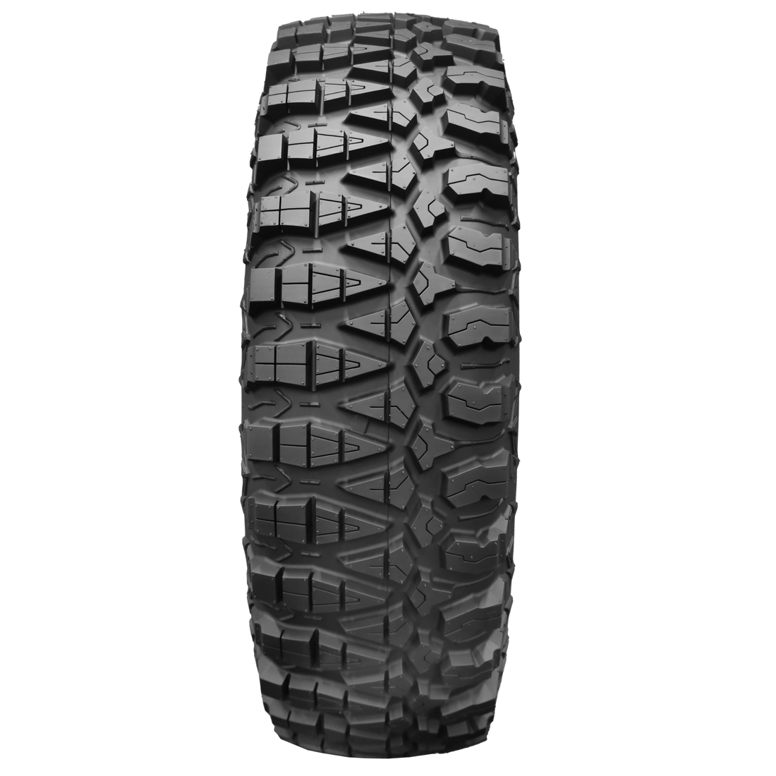 Full frontal view of Terra Master SQ UTV tire, highlighting its two distinct tread patterns. The tire offers the flexibility to alternate sides for improved traction in either hard or soft-to-intermediate terrains, catering to diverse off-road conditions