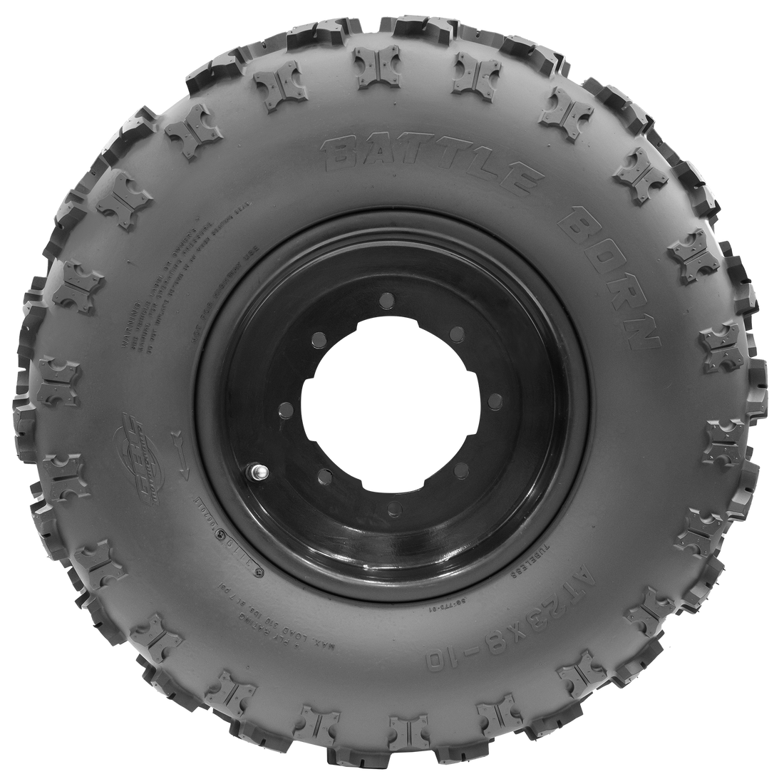 Side view of the Battle Born tire, emphasizing its unique construction. The X-knob design showcases the tire's adaptability for both front and rear setups, with the front tire engineered for precision handling and control.