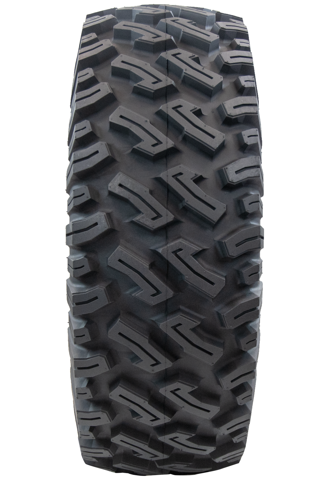Full frontal view of Dirt Commander 2.0 ATV/UTV tire, revealing its full-coverage L-shaped tread block pattern. The image highlights the tire's flatter profile across the tread face, allowing for maximum acceleration and braking power, assuring reliable performance in diverse terrains.