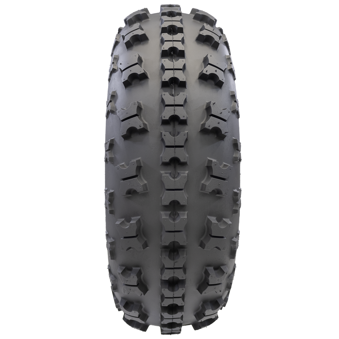 Full frontal view of the Battle Born tire, providing a clear look at the directional grooved X-knob tread pattern. This lightweight yet dependable design ensures optimal drive and braking power, especially in the heat of competition.