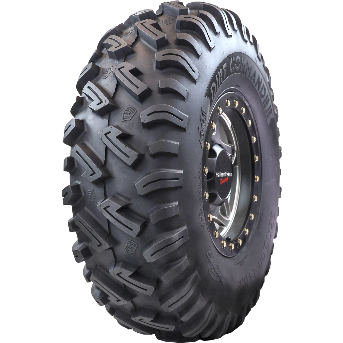 Angle view of the durable, high-performance Dirt Commander tire, highlighting its aggressive tread design and resilient sidewall lugs, specifically engineered for SXS and ATV off-road vehicles.