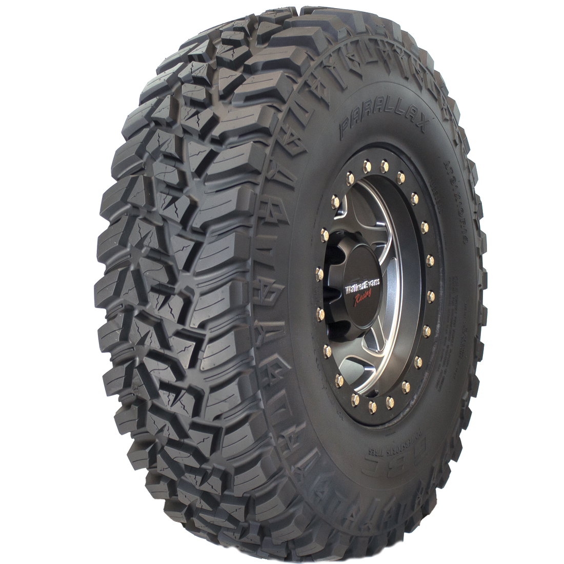 Angle view of the Parallax UTV tire, highlighting its solid and sleek profile, which enhances the aesthetics of any vehicle while promising consistent off-road performance.