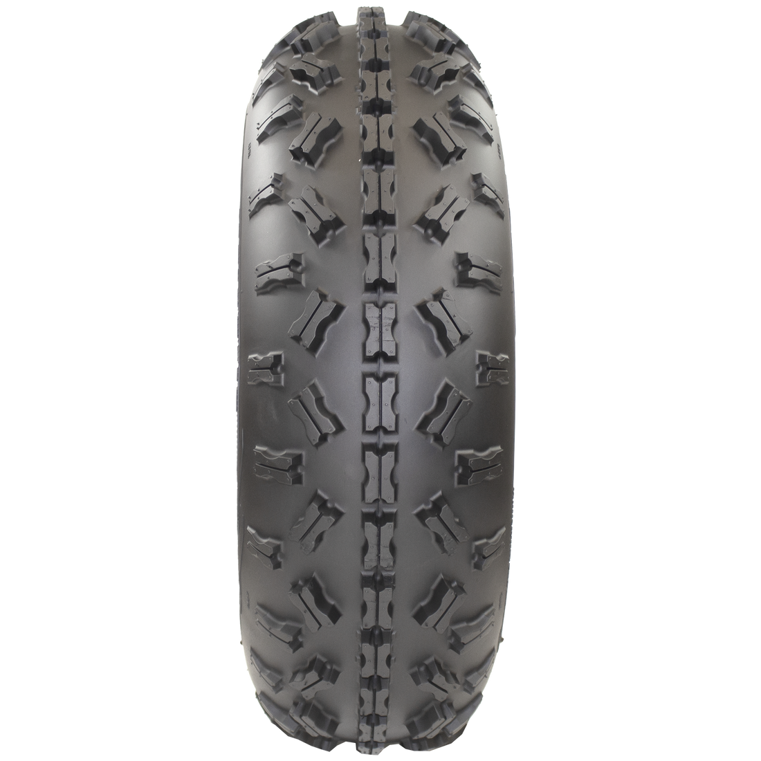 Full frontal view of Ground Buster 3 ATV Front tire, emphasizing its non-directional, sipped X-knob tread pattern. This design enhances flex and provides the edge needed for competitive racing on intermediate to hard terrains.