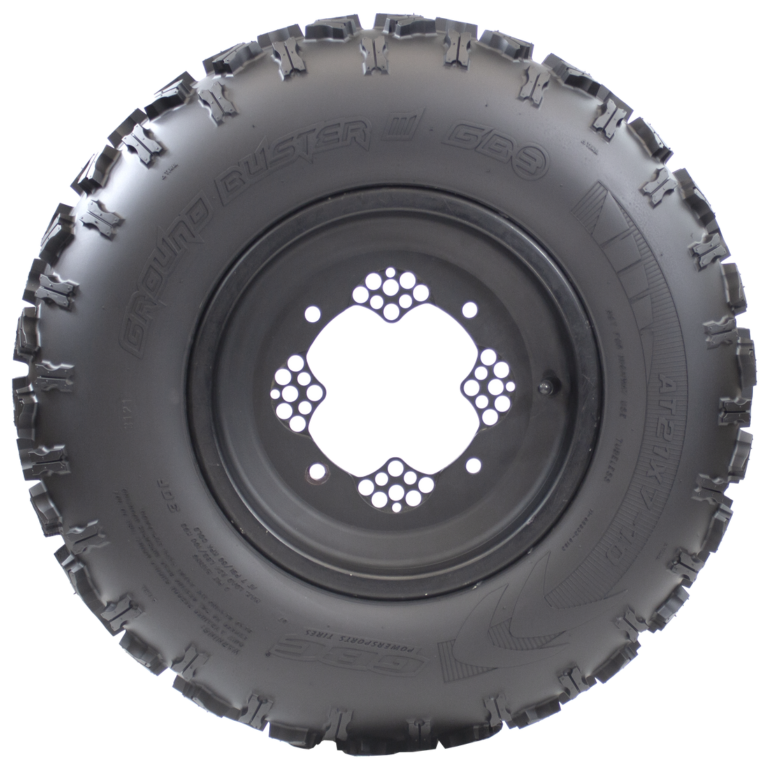 Side view of Ground Buster 3 ATV Front tire, showing off its sturdy sidewall and with x-shaped shoulder lugs.