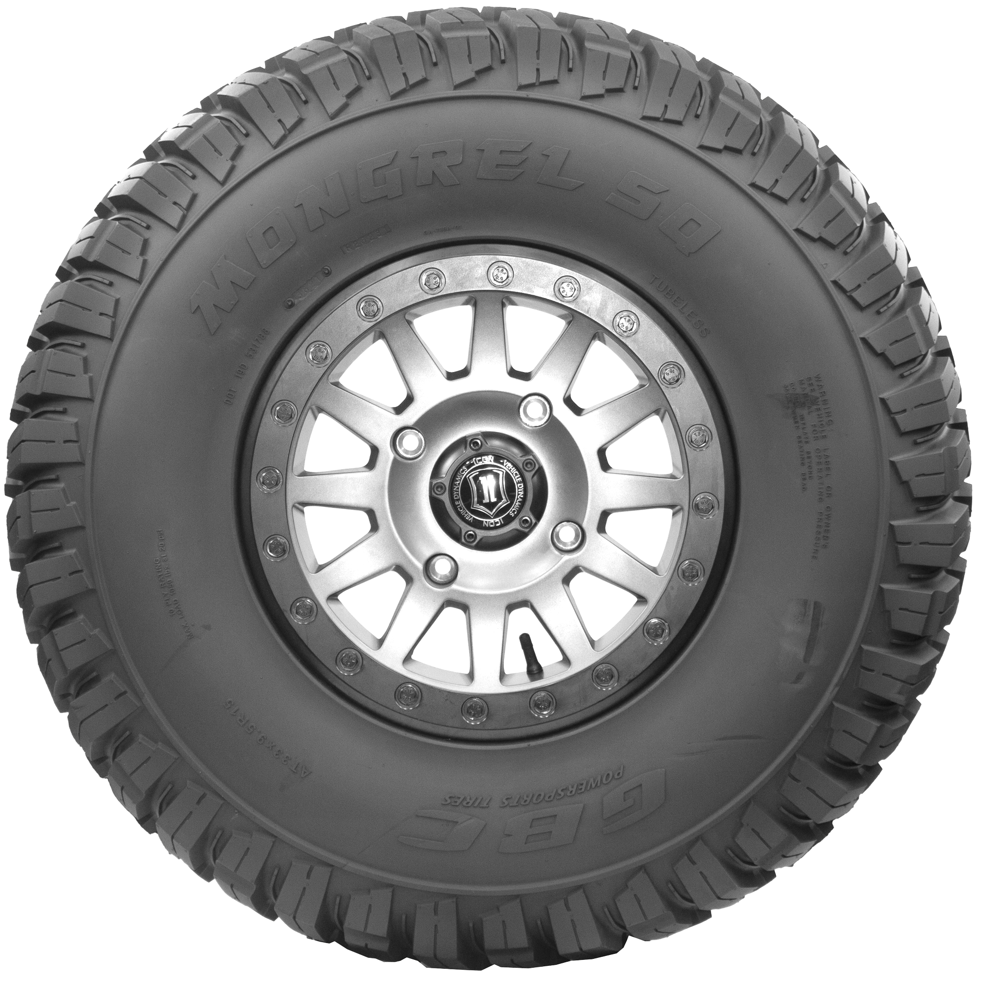 Sideview of Mongrel SQ ATV/UTV tire, displaying the innovative square lugs that extend across the tread and down to the sidewall. The lugs provide significant speed and braking power, even for today's faster machines. The image also shows a generous rim guard for optimal protection against damage.
