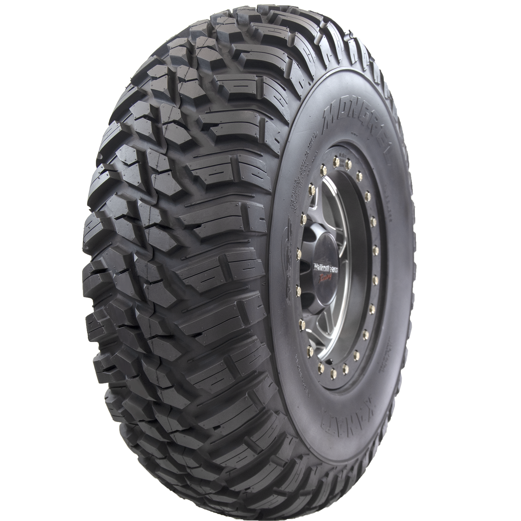 Angle view of Mongrel ATV/UTV tire, showcasing the robust tread, partial sidewall, and rim. This tire is built to handle high horsepower and speed capabilities of modern UTVs and SxS.