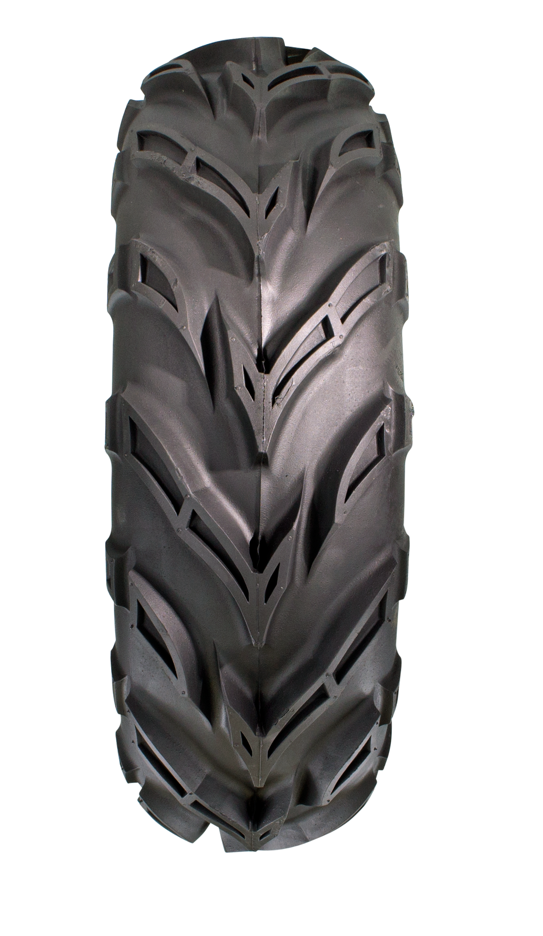 Full frontal view of Dirt Devil Powersport tire exhibiting its deep V-type tread pattern, designed for superior grip and traction in challenging terrains.
