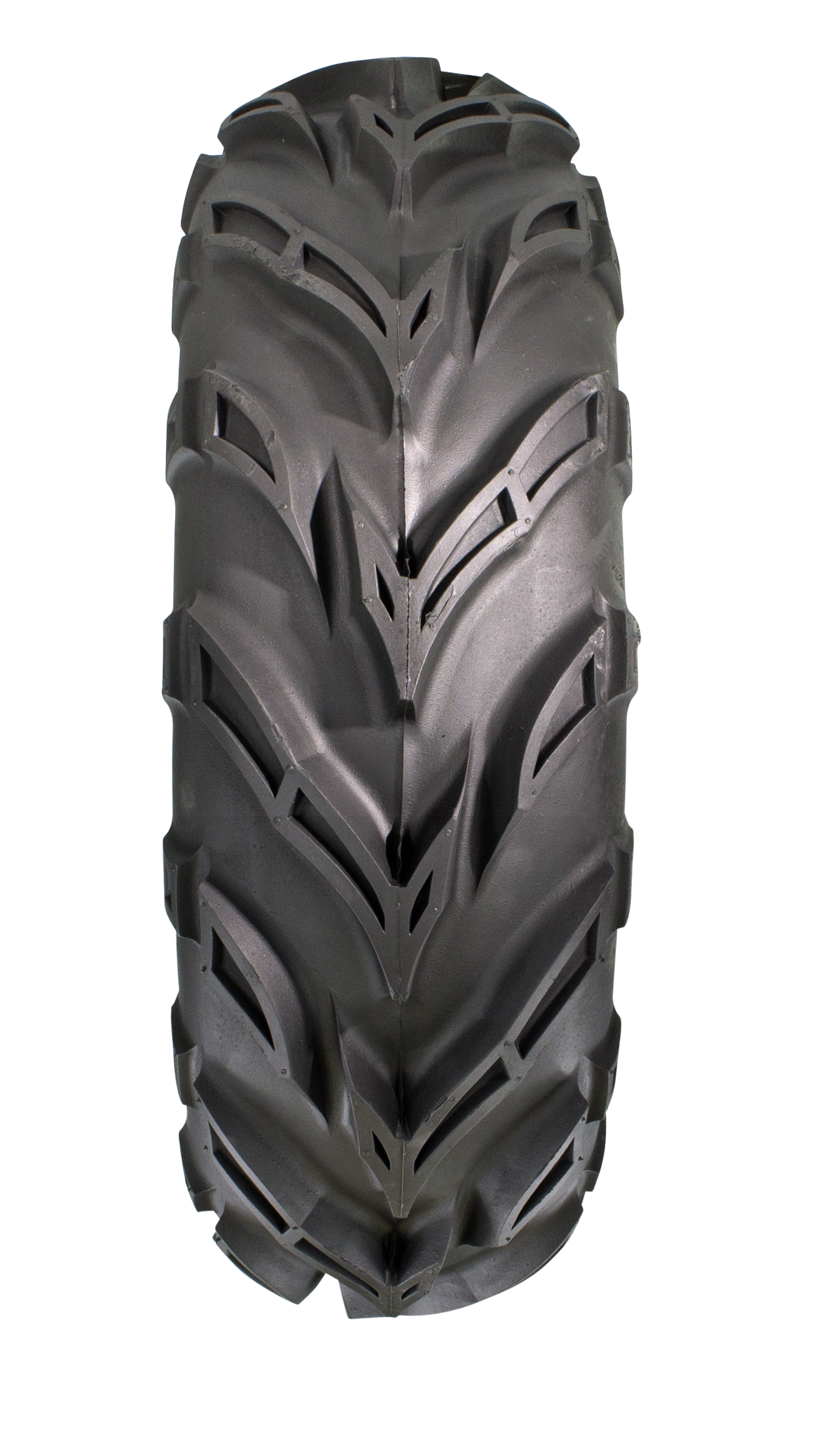 Full frontal view of Dirt Devil Powersport tire exhibiting its deep V-type tread pattern, designed for superior grip and traction in challenging terrains.