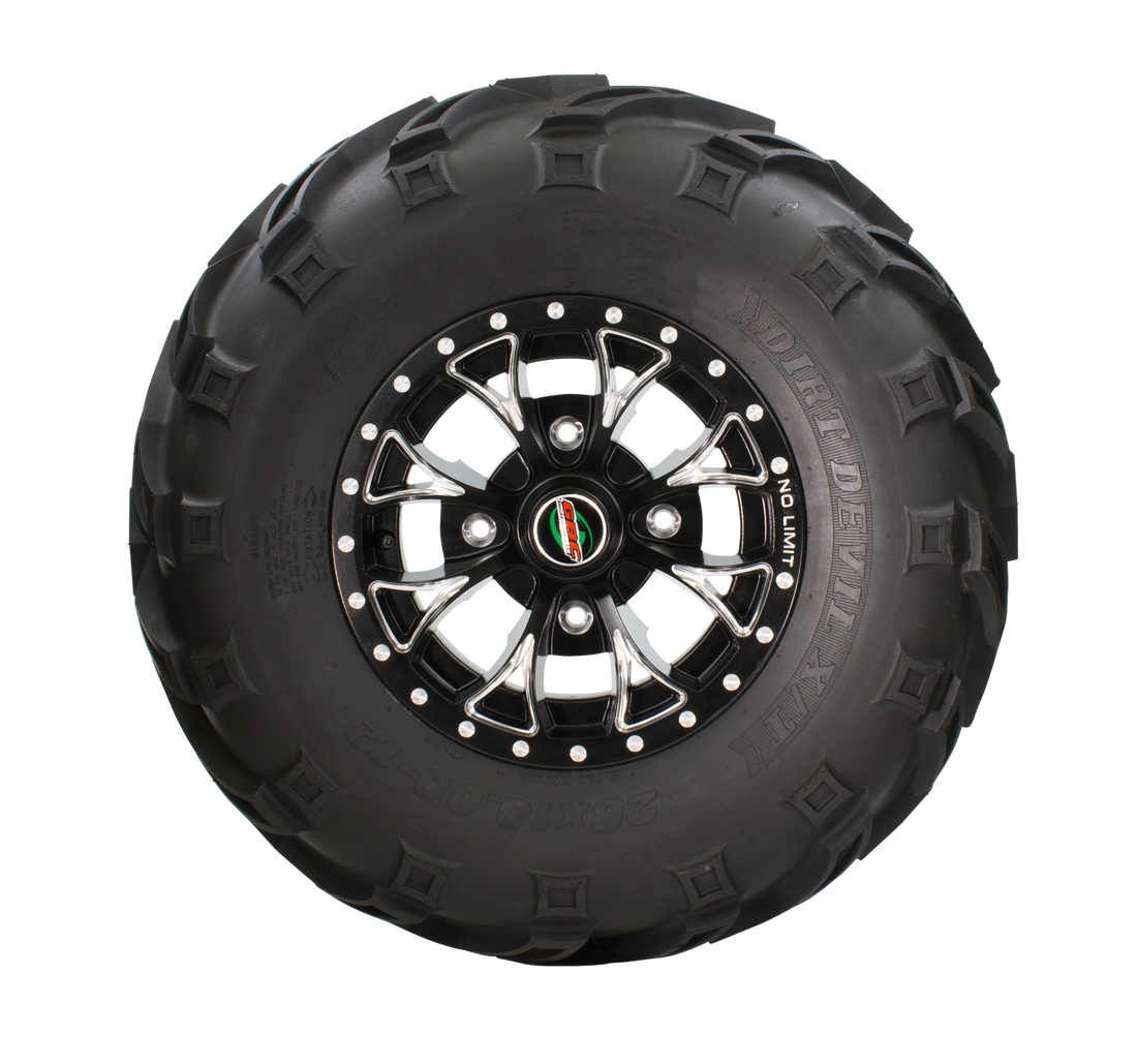 Sideview of Dirt Devil Powersport tire revealing the durable sidewall and aggressive shoulder lugs that provide improved stability and control in rough landscapes.