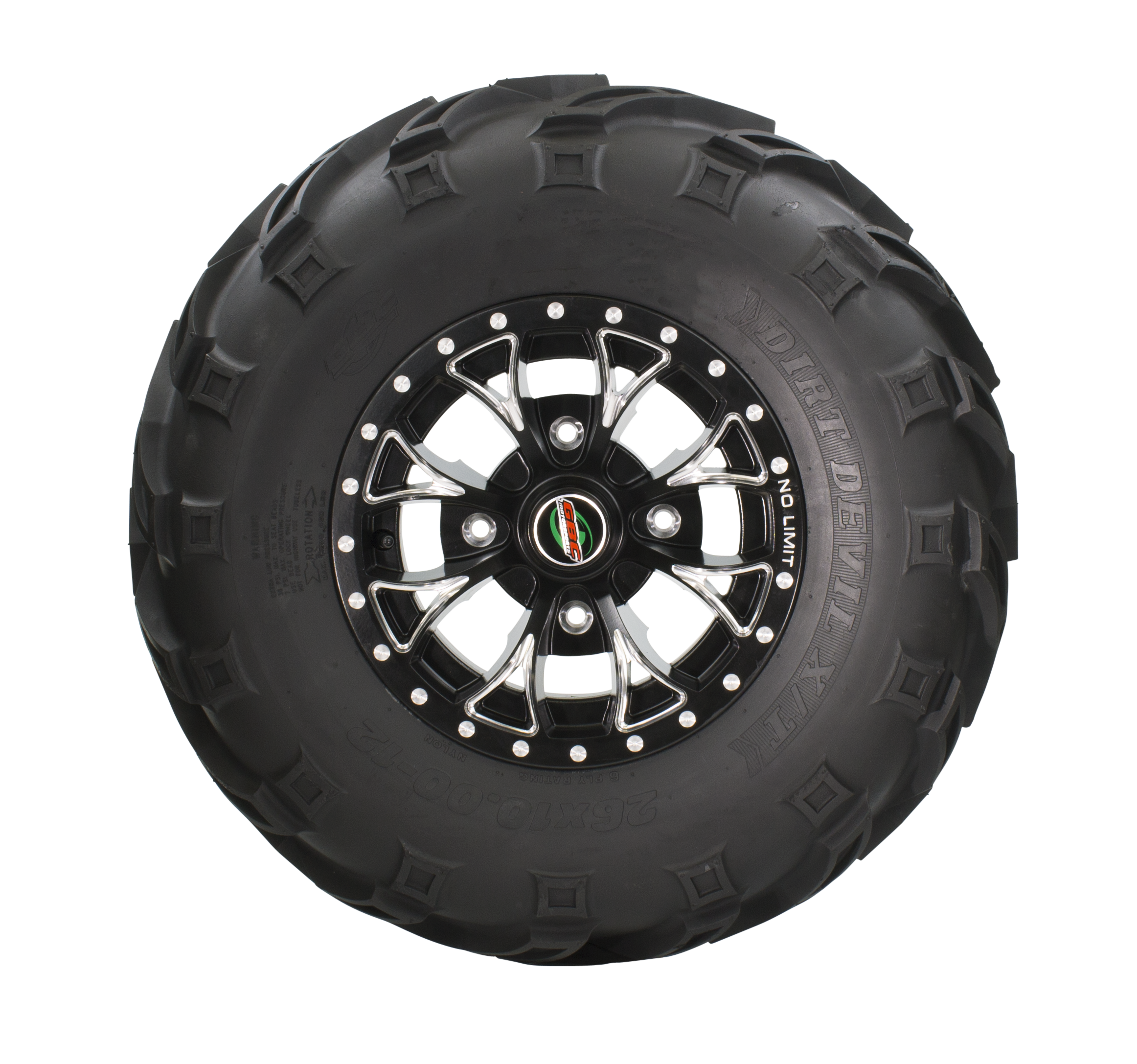 Sideview of Dirt Devil Powersport tire revealing the durable sidewall and aggressive shoulder lugs that provide improved stability and control in rough landscapes.
