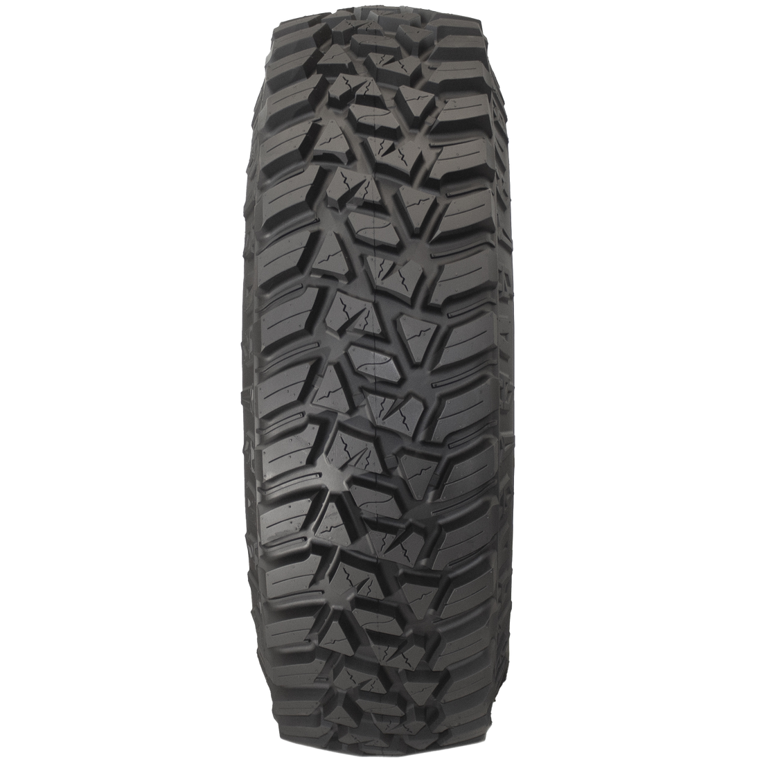 Full frontal view of the Parallax UTV tire, displaying its full-coverage, sharp, defined tread blocks that claw away at the terrain, and heavy-duty knob siping throughout the tread for extra gripping power, light truck-style tread for excellent traction on slick surfaces.