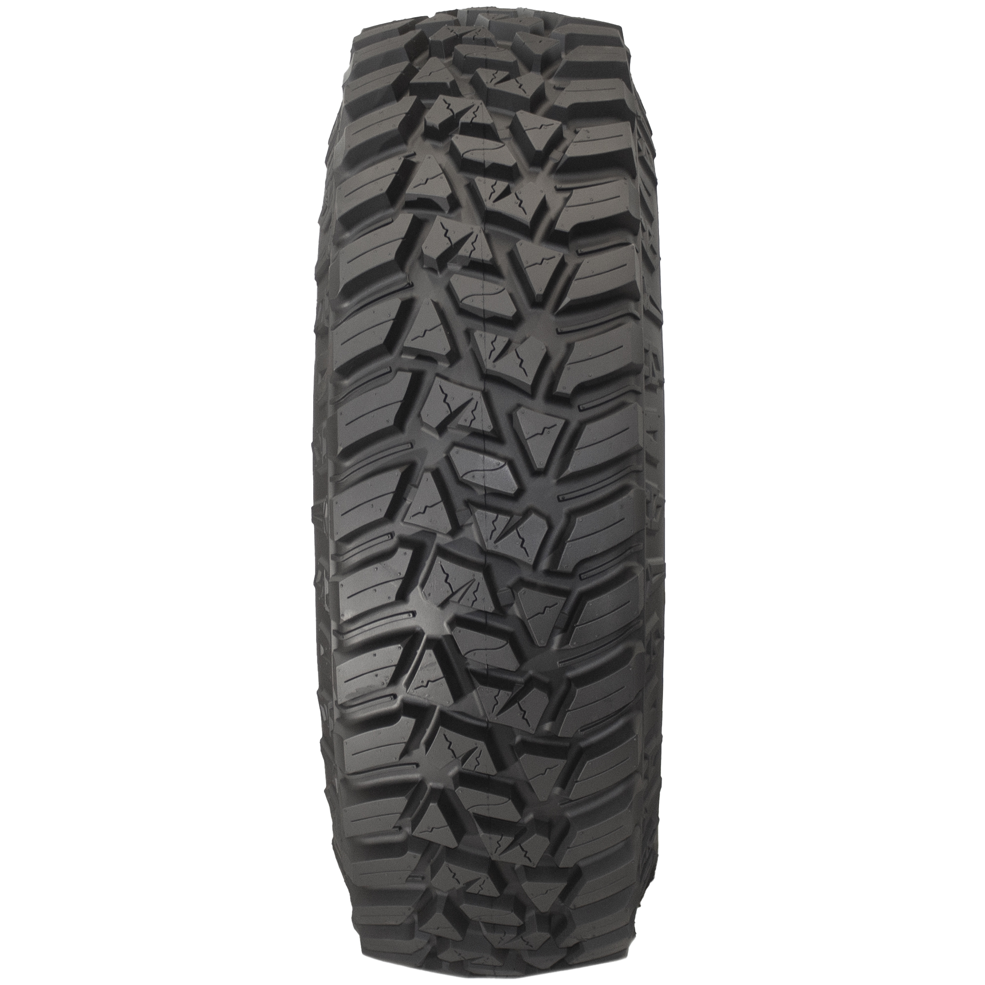 Full frontal view of the Parallax UTV tire, displaying its full-coverage, sharp, defined tread blocks that claw away at the terrain, and heavy-duty knob siping throughout the tread for extra gripping power, light truck-style tread for excellent traction on slick surfaces.