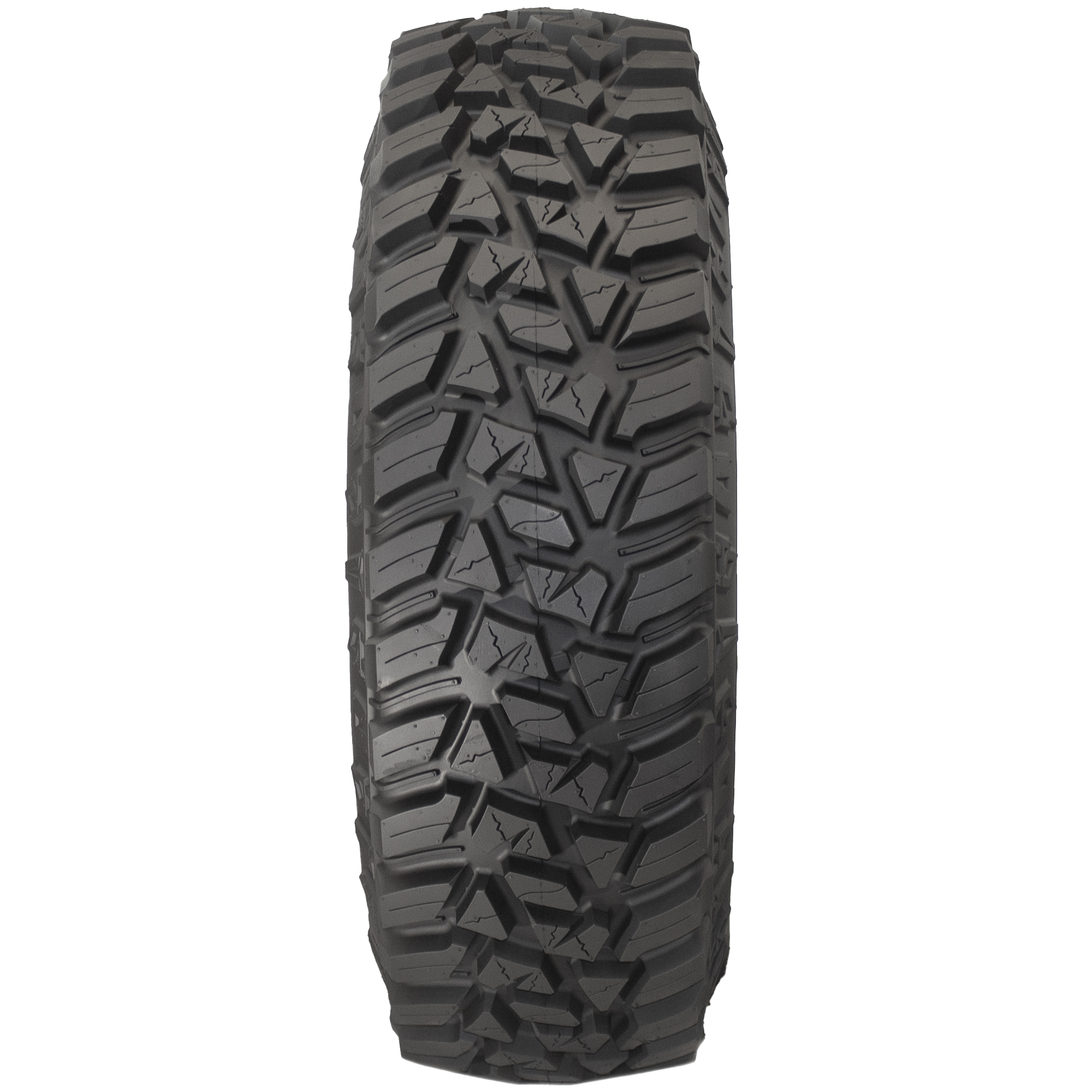 Full frontal view of the Parallax UTV tire, displaying its full-coverage, sharp, defined tread blocks that claw away at the terrain, and heavy-duty knob siping throughout the tread for extra gripping power, light truck-style tread for excellent traction on slick surfaces.