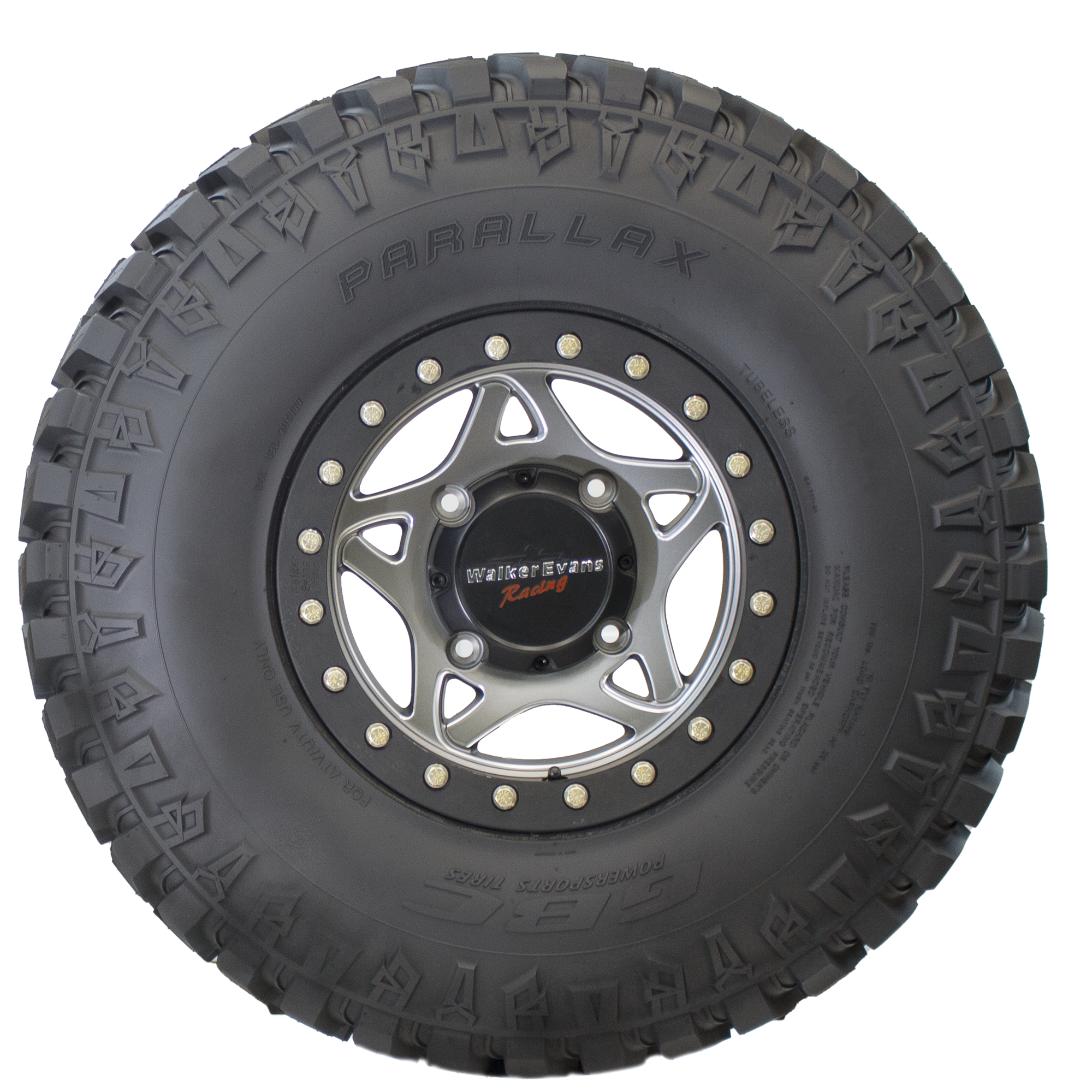 Side view of the Parallax UTV tire, showcasing broad shoulder blocks that ensure maximum traction and continuous ground contact for enhanced stability. The image also features an extended sidewall lug design for increased cornering traction and protection against sidewall punctures and other potential damage.