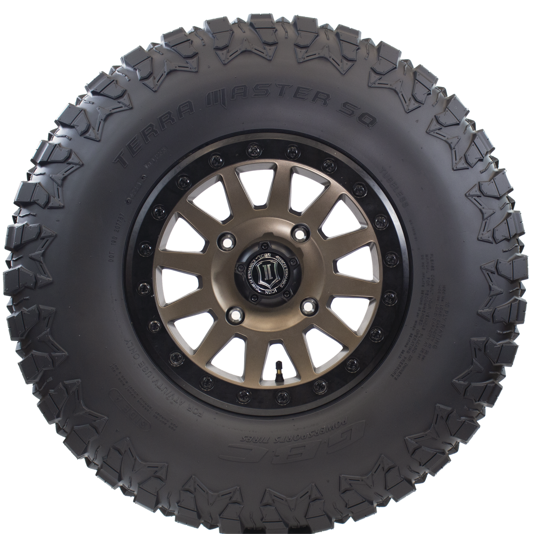 Side view of Terra Master SQ UTV tire, revealing the durable sidewall and aggressive shoulder lugs that ensure stability and control in challenging terrains, making it a reliable companion for adventurous rides.