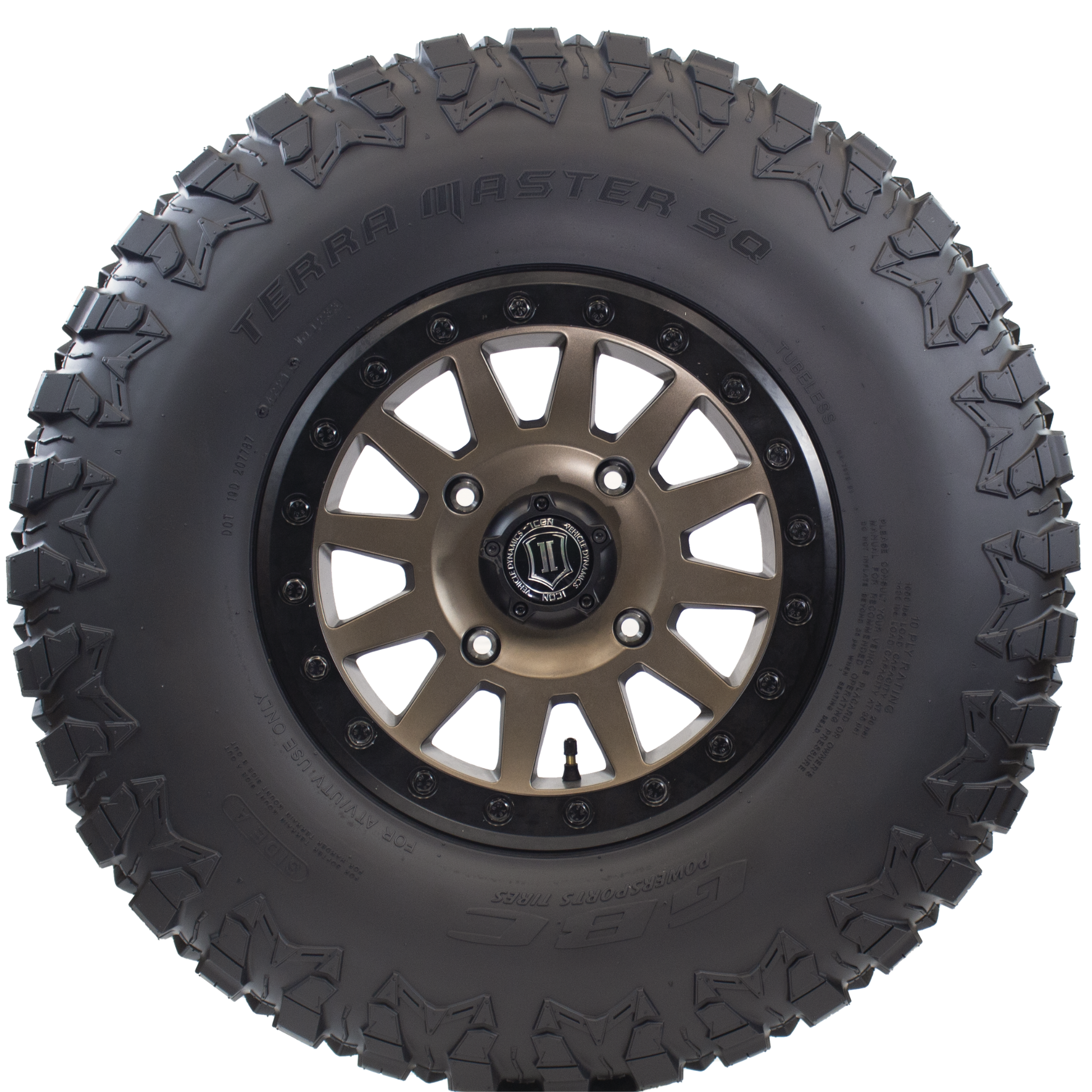 Side view of Terra Master SQ UTV tire, revealing the durable sidewall and aggressive shoulder lugs that ensure stability and control in challenging terrains, making it a reliable companion for adventurous rides.