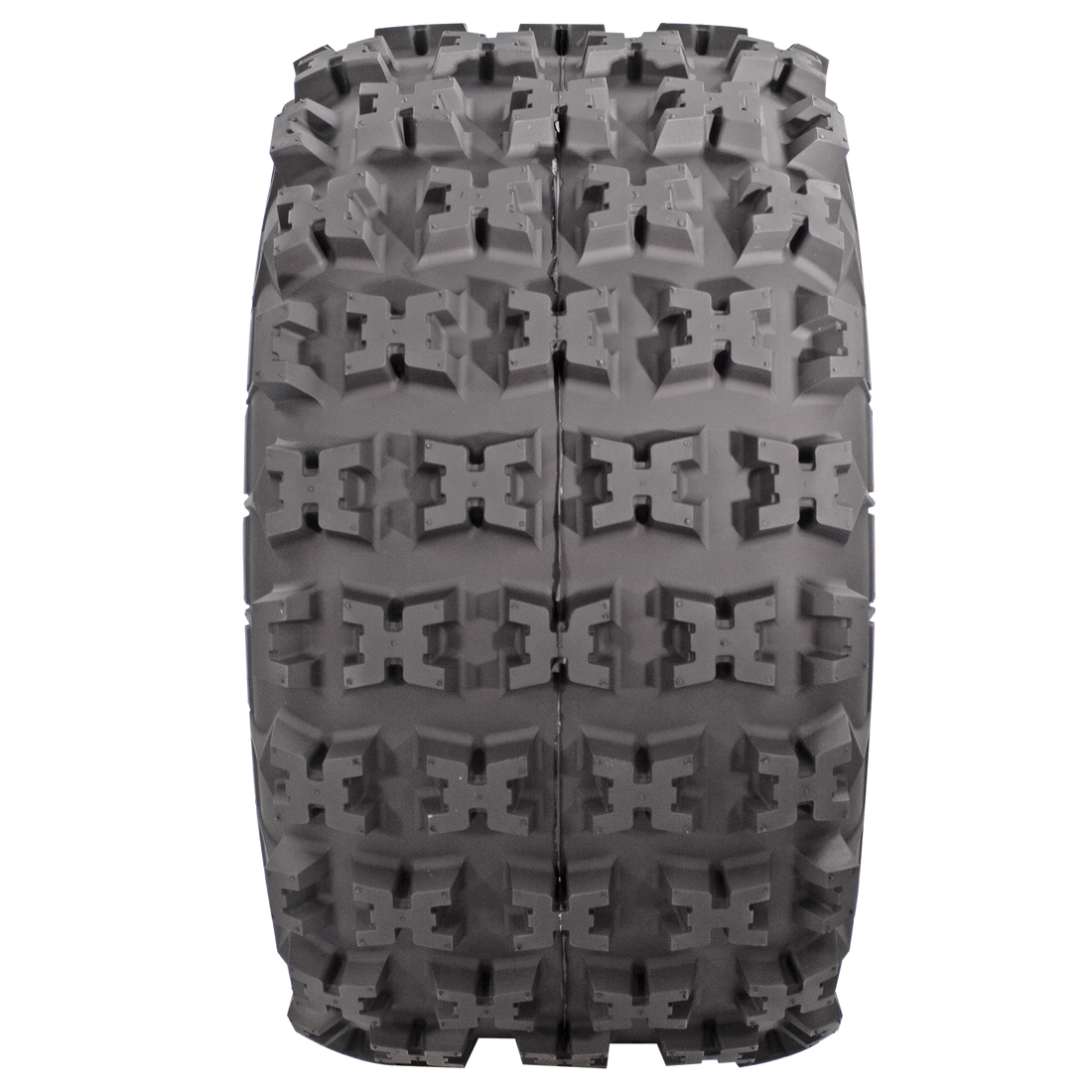 Full frontal view of XC-Master ATV tire, revealing its full-coverage X-type lug tread pattern, which enhances traction and stability during adventurous rides
