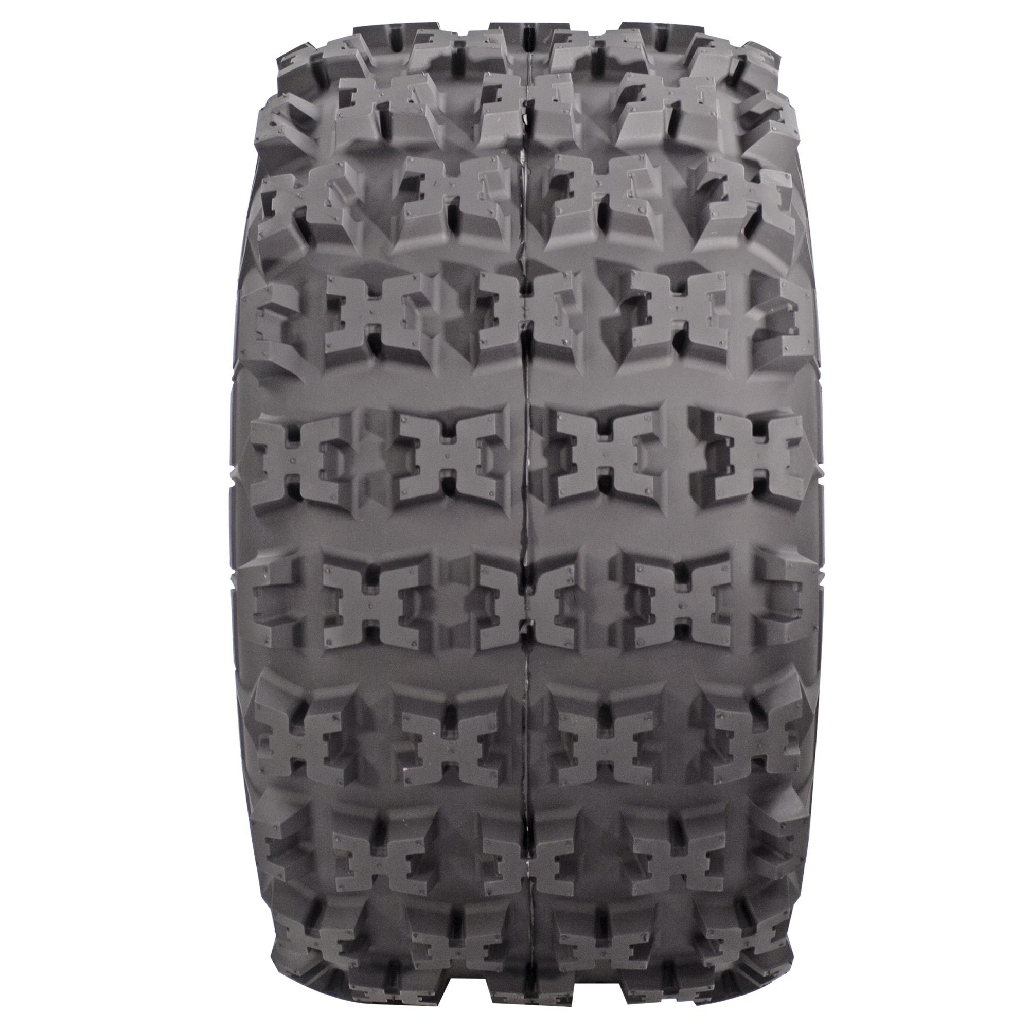 Full frontal view of XC-Master ATV tire, revealing its full-coverage X-type lug tread pattern, which enhances traction and stability during adventurous rides