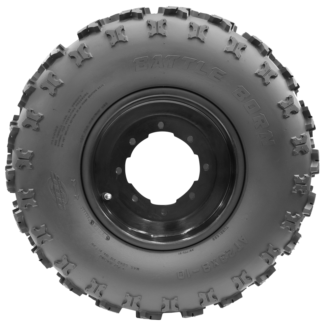 Side view of the Battle Born tire, emphasizing its unique construction. The X-knob design showcases the tire's adaptability for both front and rear setups, with the front tire engineered for precision handling and control.