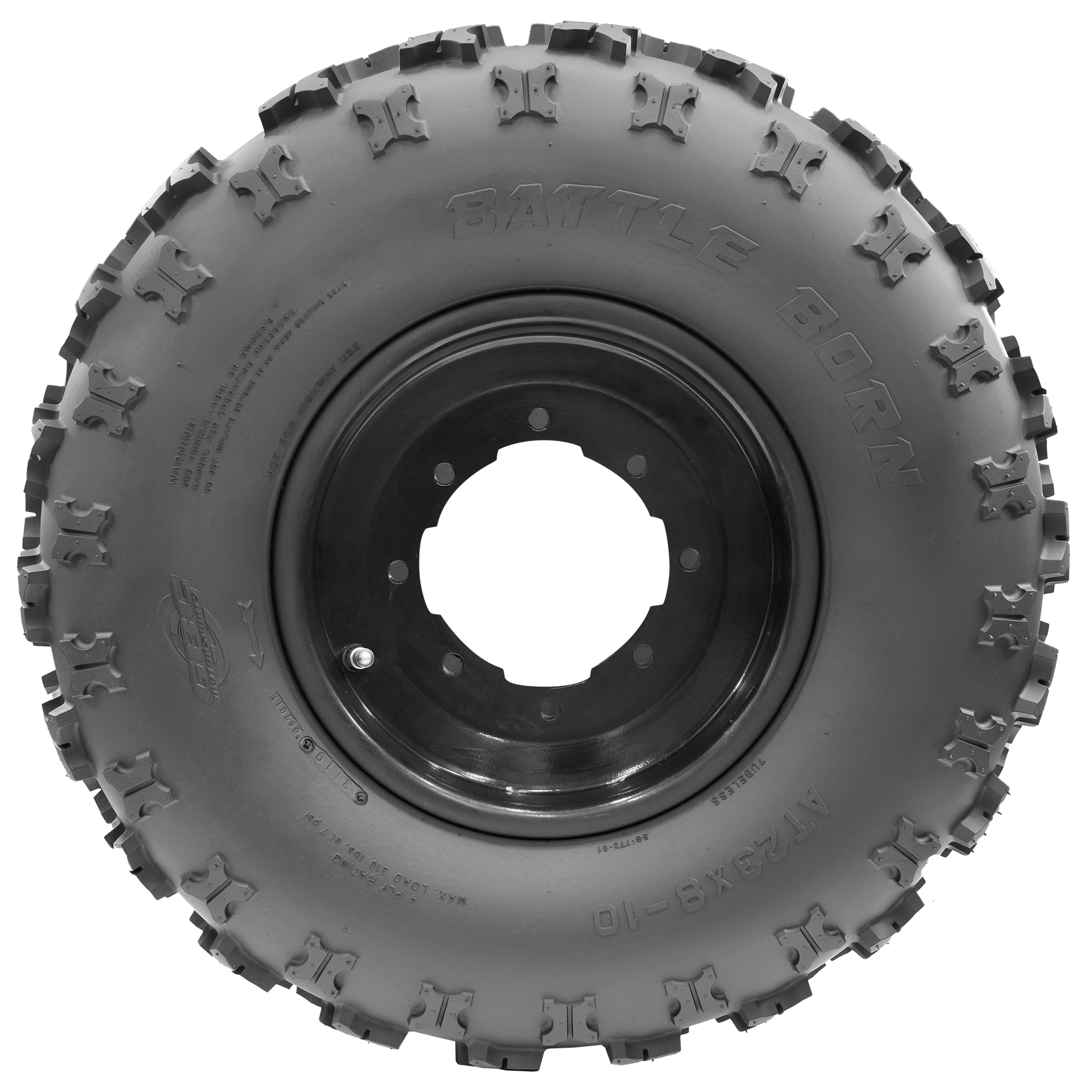 Side view of the Battle Born tire, emphasizing its unique construction. The X-knob design showcases the tire's adaptability for both front and rear setups, with the front tire engineered for precision handling and control.