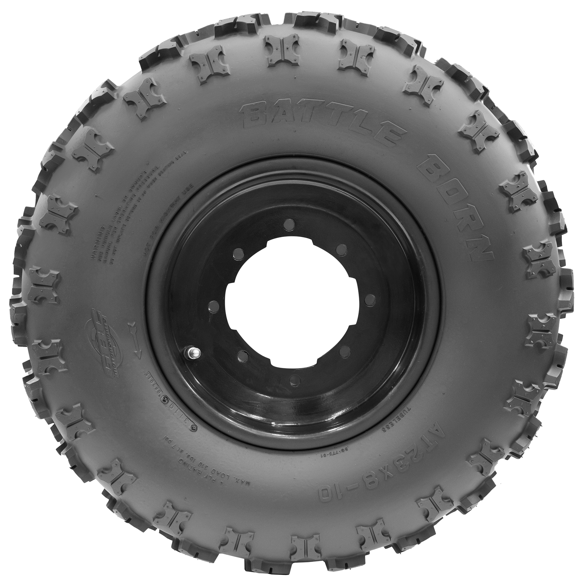 Side view of the Battle Born tire, emphasizing its unique construction. The X-knob design showcases the tire's adaptability for both front and rear setups, with the front tire engineered for precision handling and control.