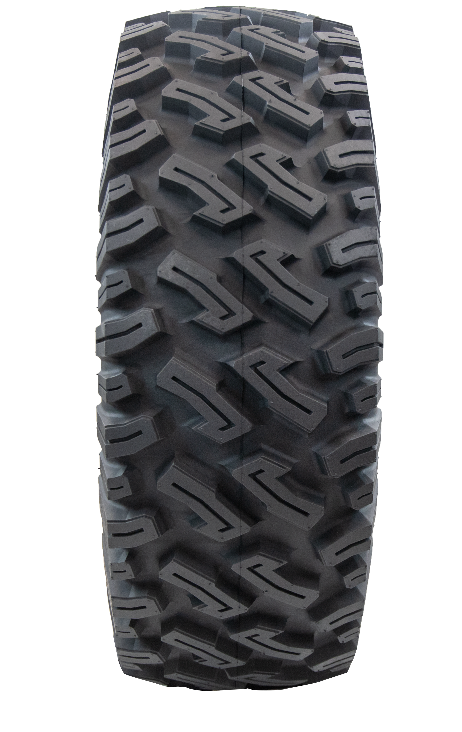 Full frontal view of Dirt Commander 2.0 ATV/UTV tire, revealing its full-coverage L-shaped tread block pattern. The image highlights the tire's flatter profile across the tread face, allowing for maximum acceleration and braking power, assuring reliable performance in diverse terrains.