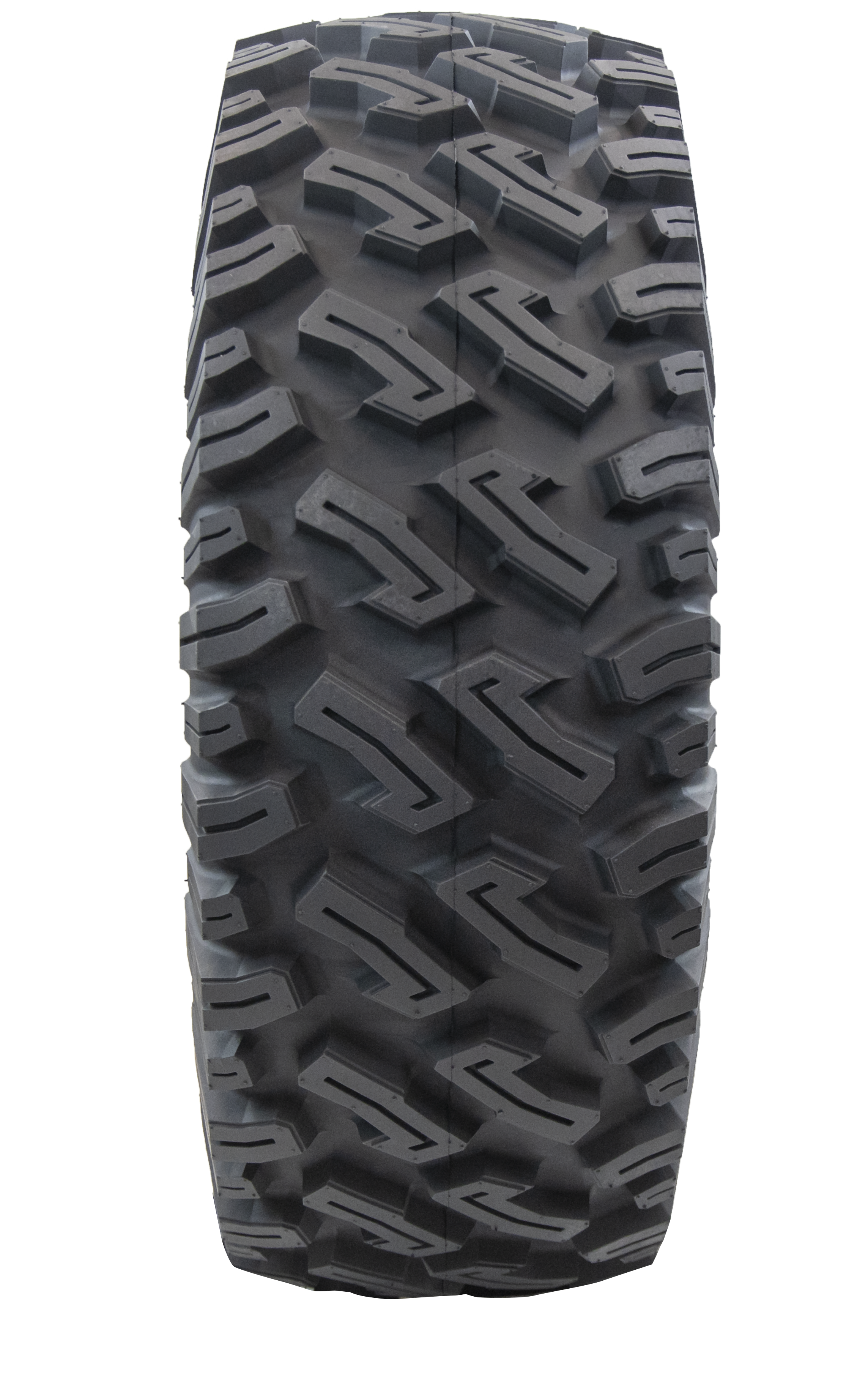 Full frontal view of Dirt Commander 2.0 ATV/UTV tire, revealing its full-coverage L-shaped tread block pattern. The image highlights the tire's flatter profile across the tread face, allowing for maximum acceleration and braking power, assuring reliable performance in diverse terrains.