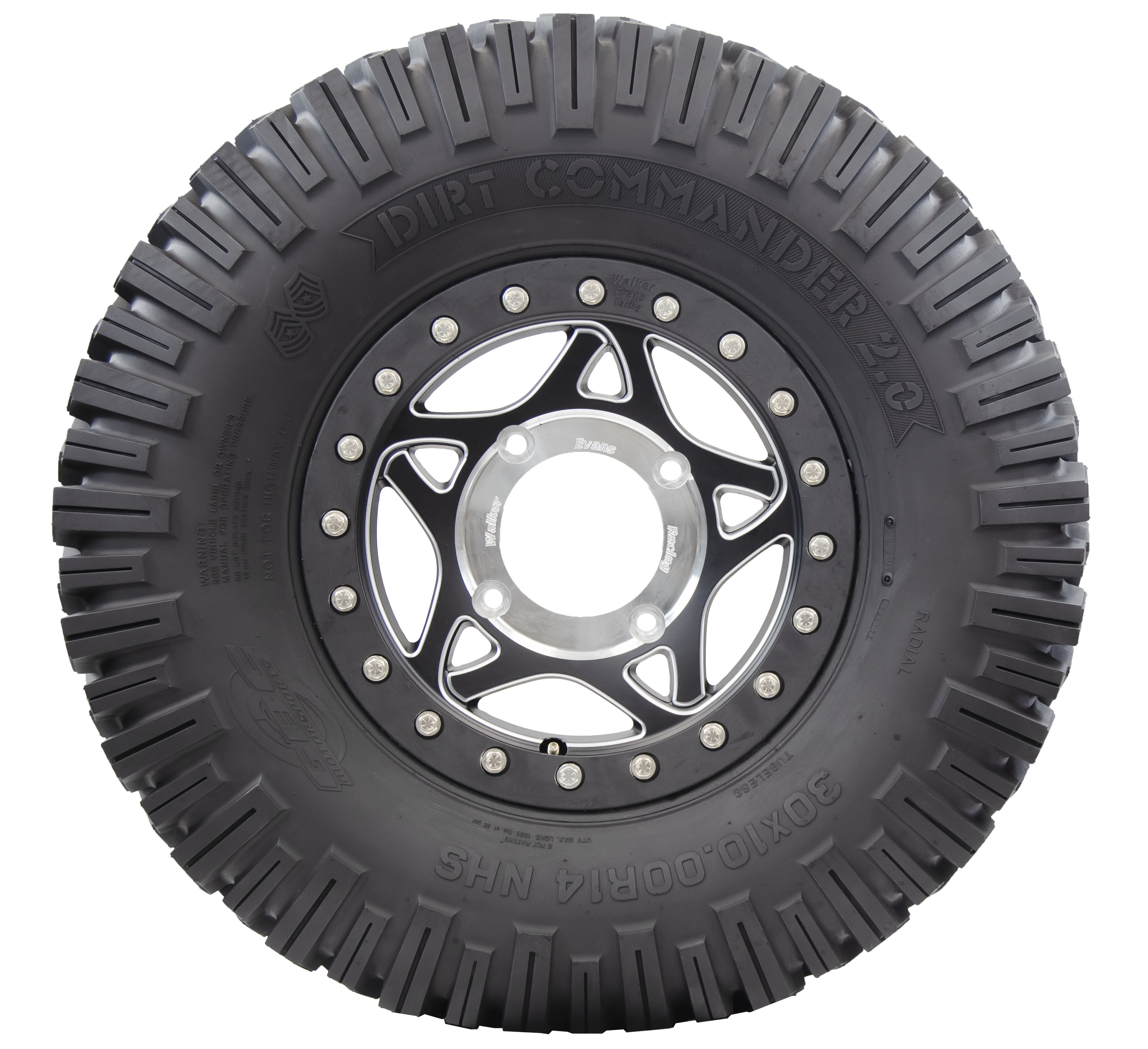 Sideview of Dirt Commander 2.0 ATV/UTV tire, displaying the rugged elongated sidewall lugs, designed for extra biting edges. These lugs provide greater reliability on challenging trails and obstacles and offer superior sidewall protection against punctures and damages.