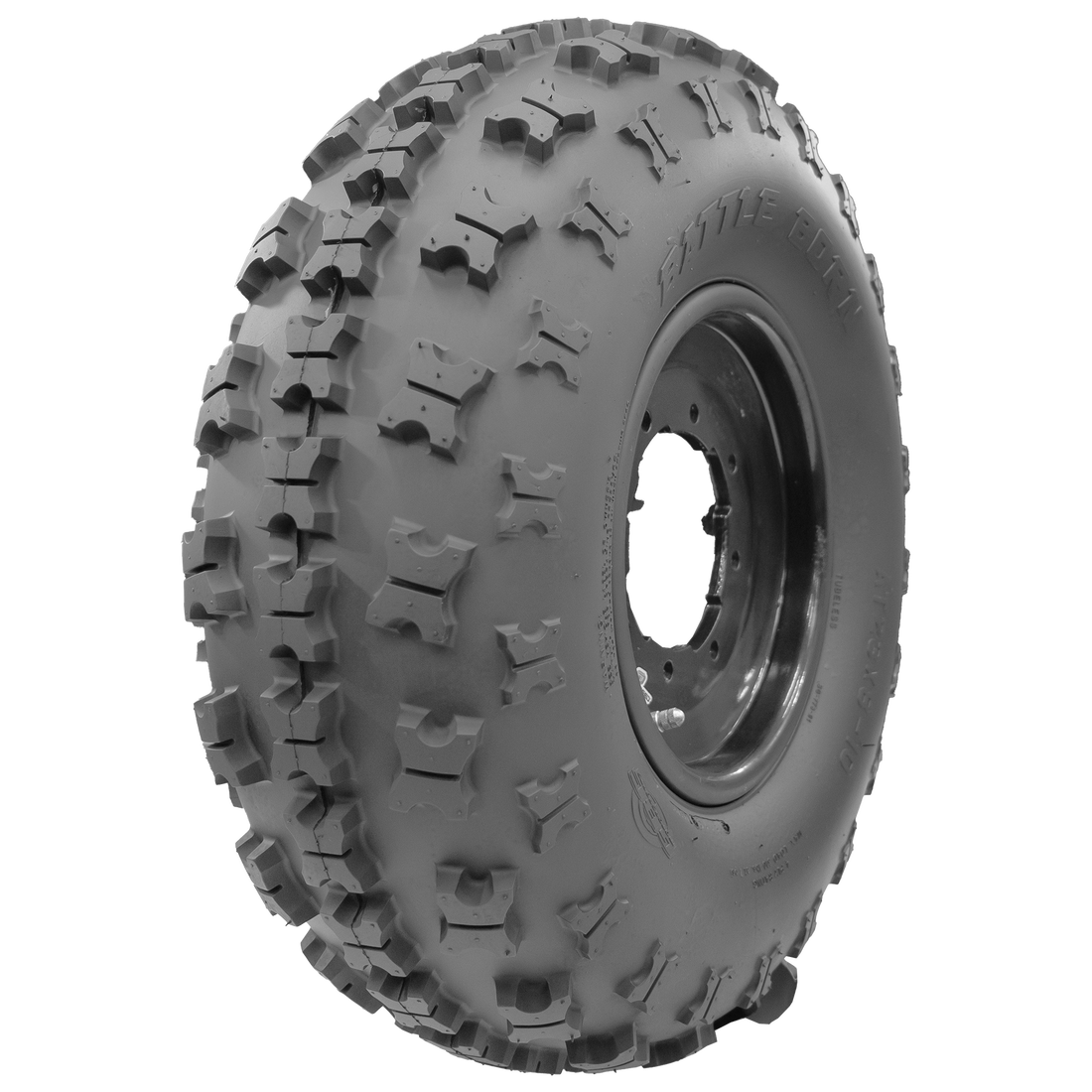 Angle view of the BATTLE BORN tire, highlighting the tread, a portion of the sidewall, and the rim. Specifically designed for Youth SXS vehicles, the tire exhibits the X-type lug pattern, optimized for both front and rear applications.