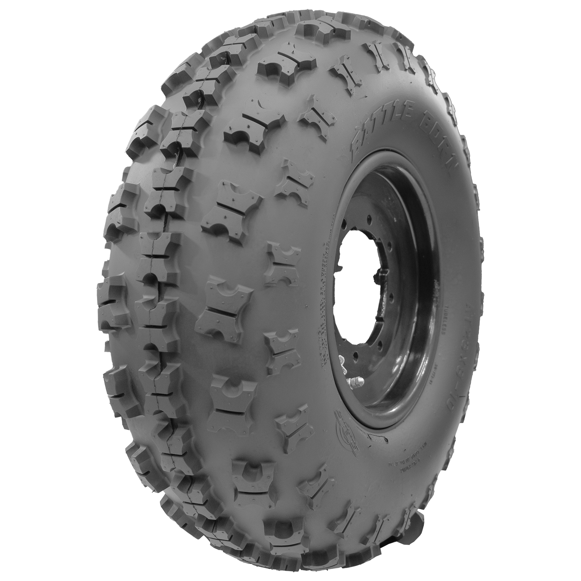 Angle view of the BATTLE BORN tire, highlighting the tread, a portion of the sidewall, and the rim. Specifically designed for Youth SXS vehicles, the tire exhibits the X-type lug pattern, optimized for both front and rear applications.