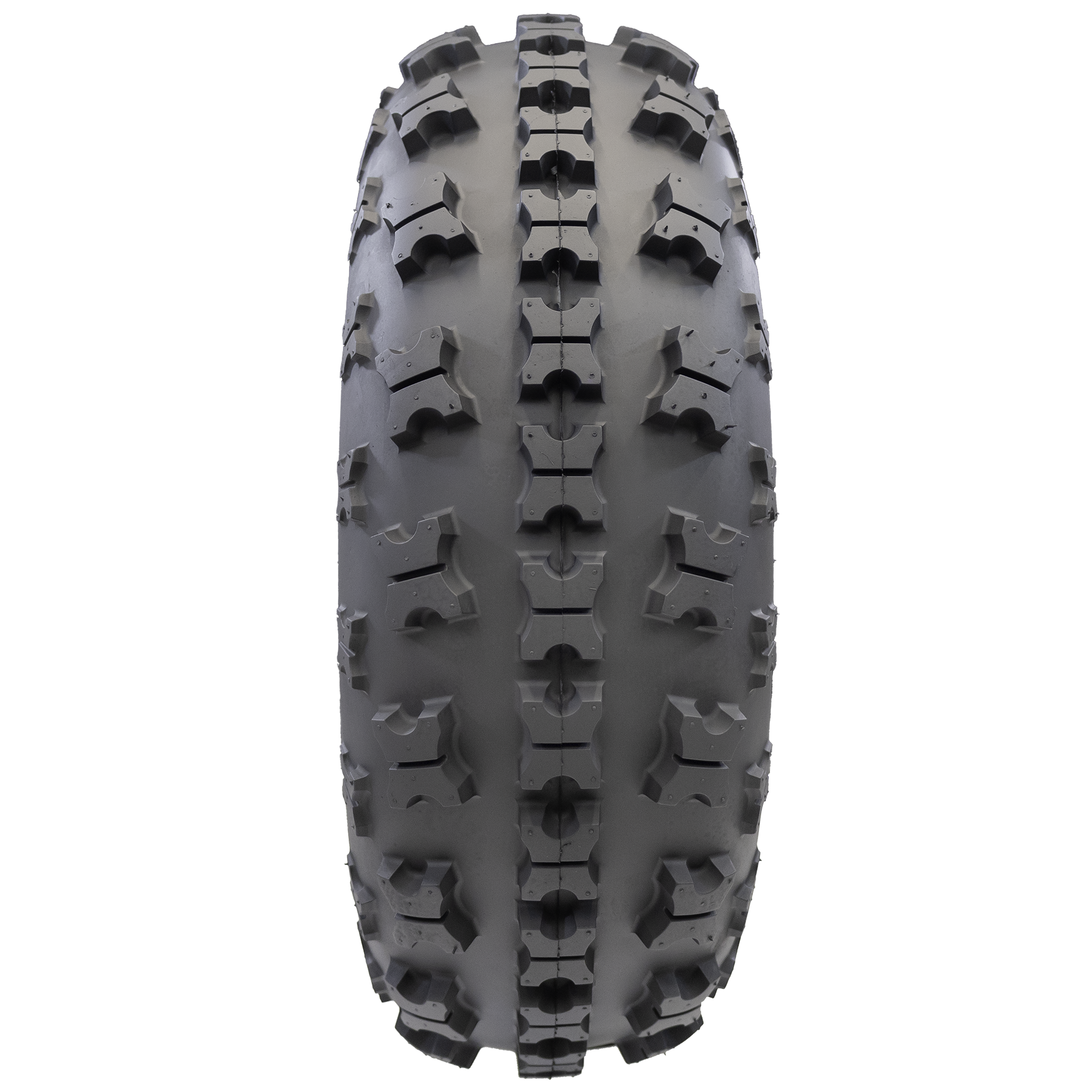 Full frontal view of the Battle Born tire, providing a clear look at the directional grooved X-knob tread pattern. This lightweight yet dependable design ensures optimal drive and braking power, especially in the heat of competition.