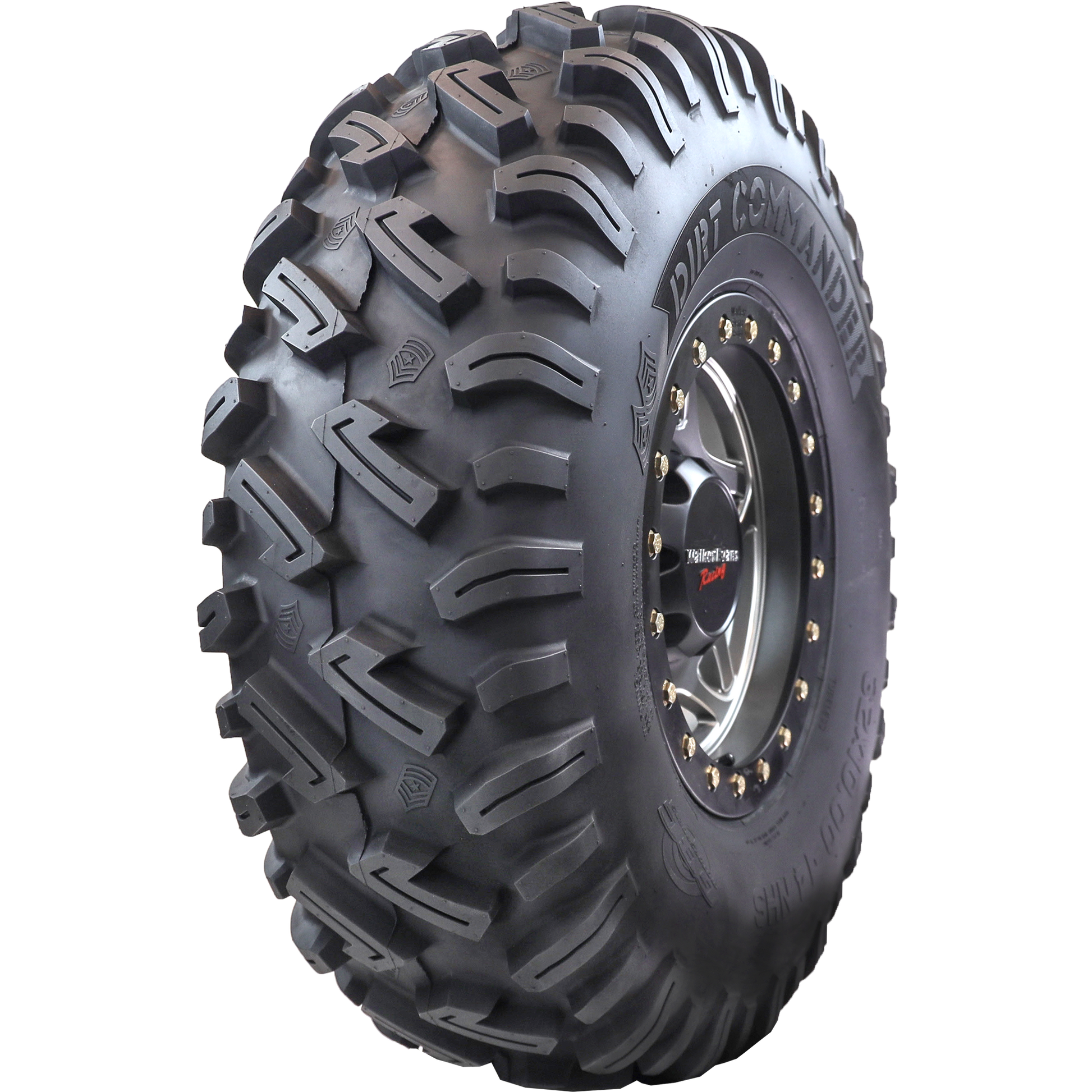 Angle view of the durable, high-performance Dirt Commander tire, highlighting its aggressive tread design and resilient sidewall lugs, specifically engineered for SXS and ATV off-road vehicles.