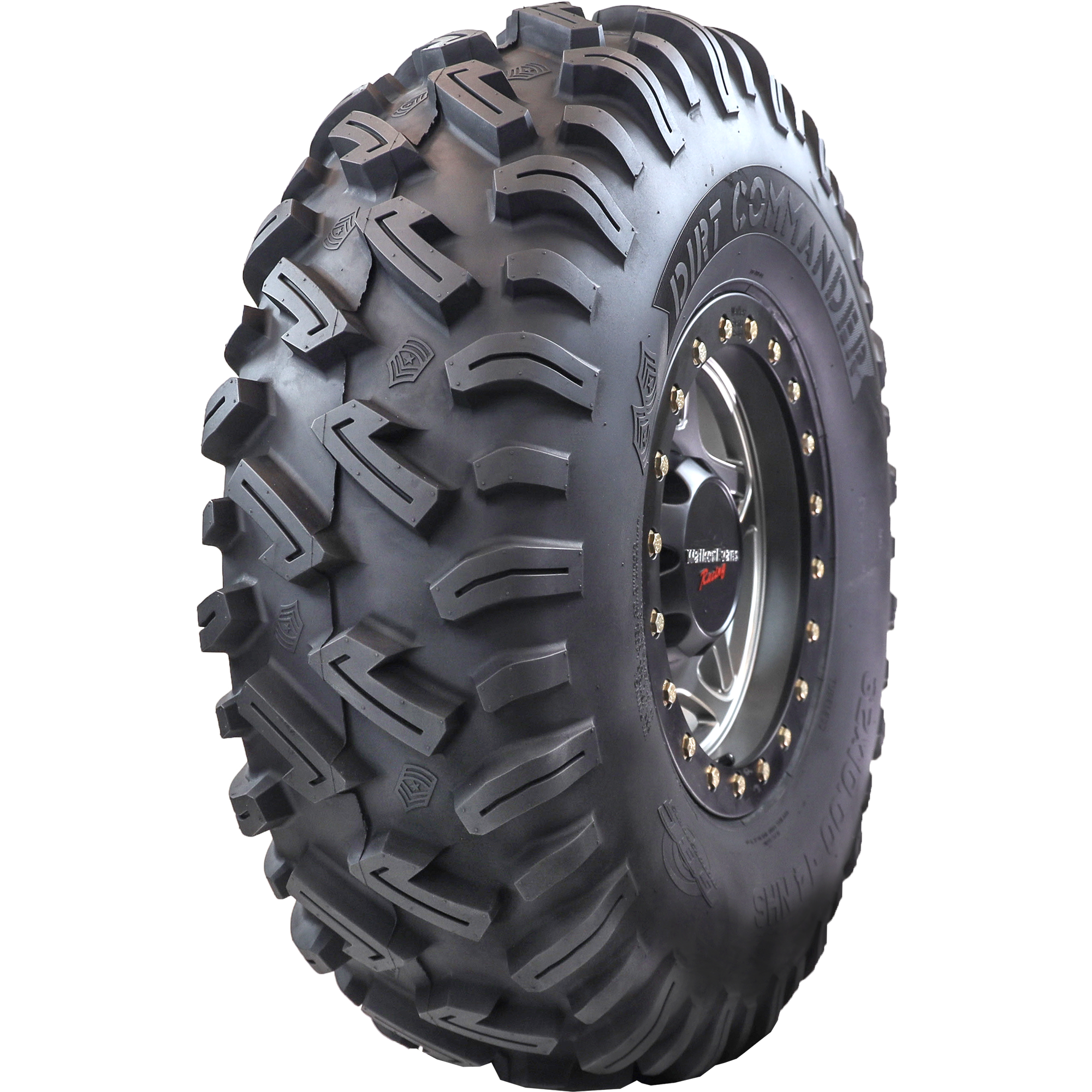 Angle view of the durable, high-performance Dirt Commander tire, highlighting its aggressive tread design and resilient sidewall lugs, specifically engineered for SXS and ATV off-road vehicles.