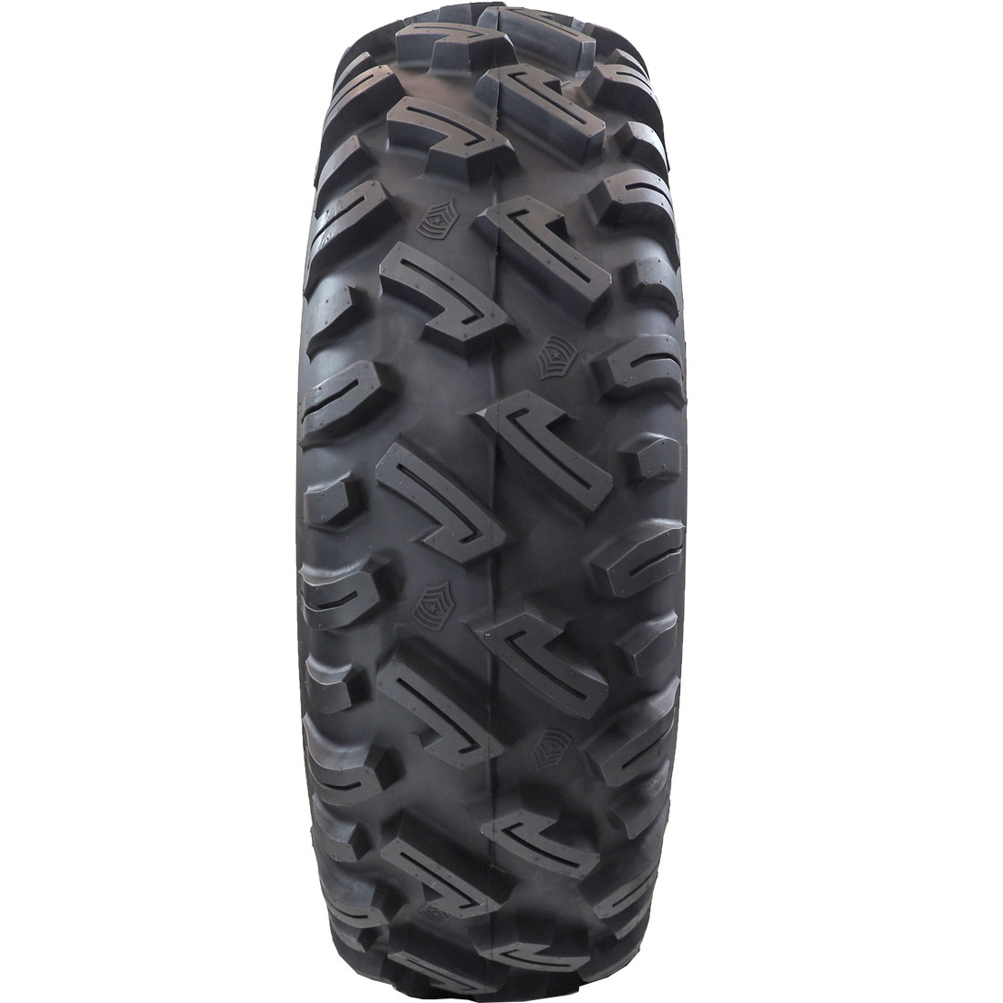 Full frontal view of the Dirt Commander tire, spotlighting its aggressive tread design with deep, robust lugs, optimized for superior traction in ATV and UTV off-road vehicles.