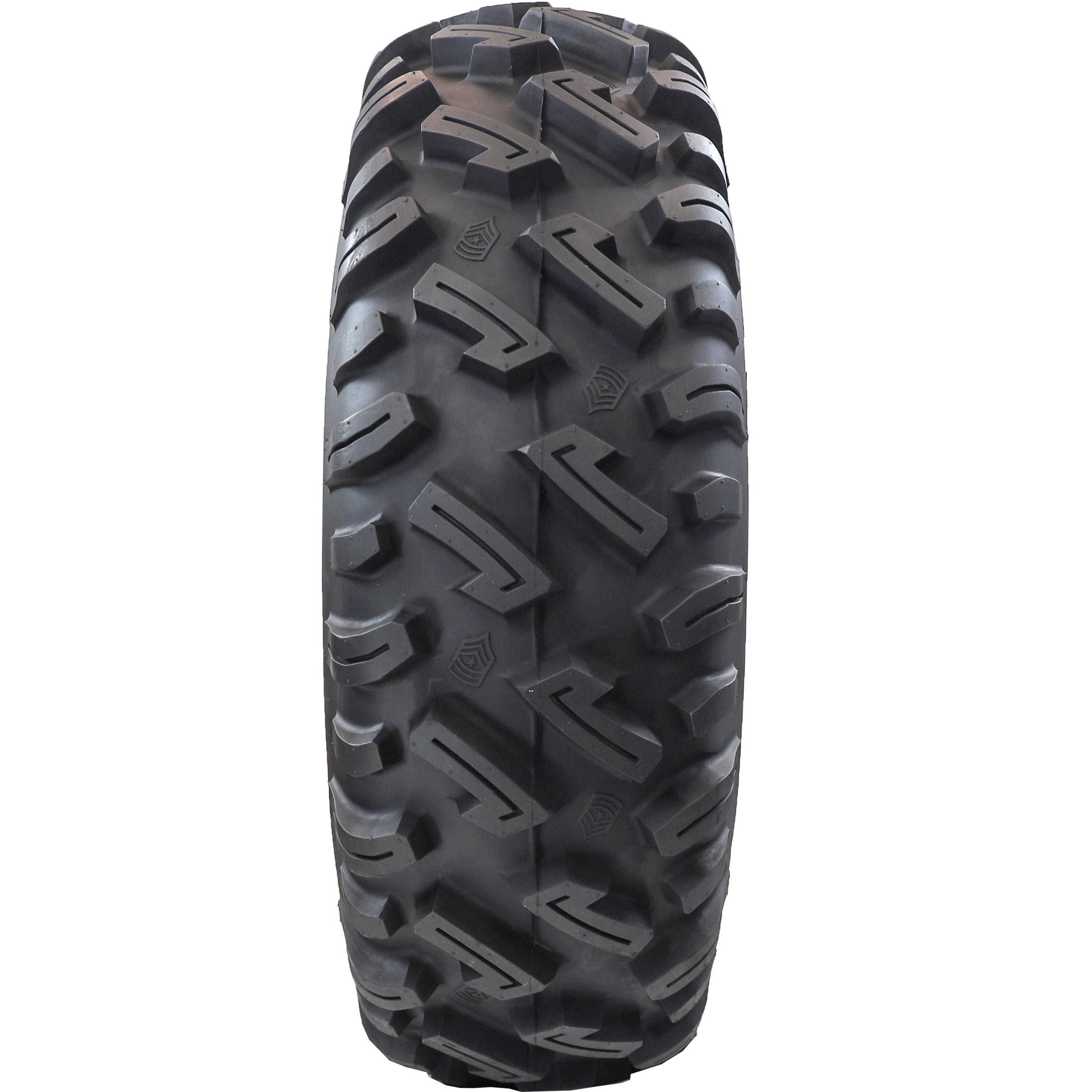 Full frontal view of the Dirt Commander tire, spotlighting its aggressive tread design with deep, robust lugs, optimized for superior traction in ATV and UTV off-road vehicles.