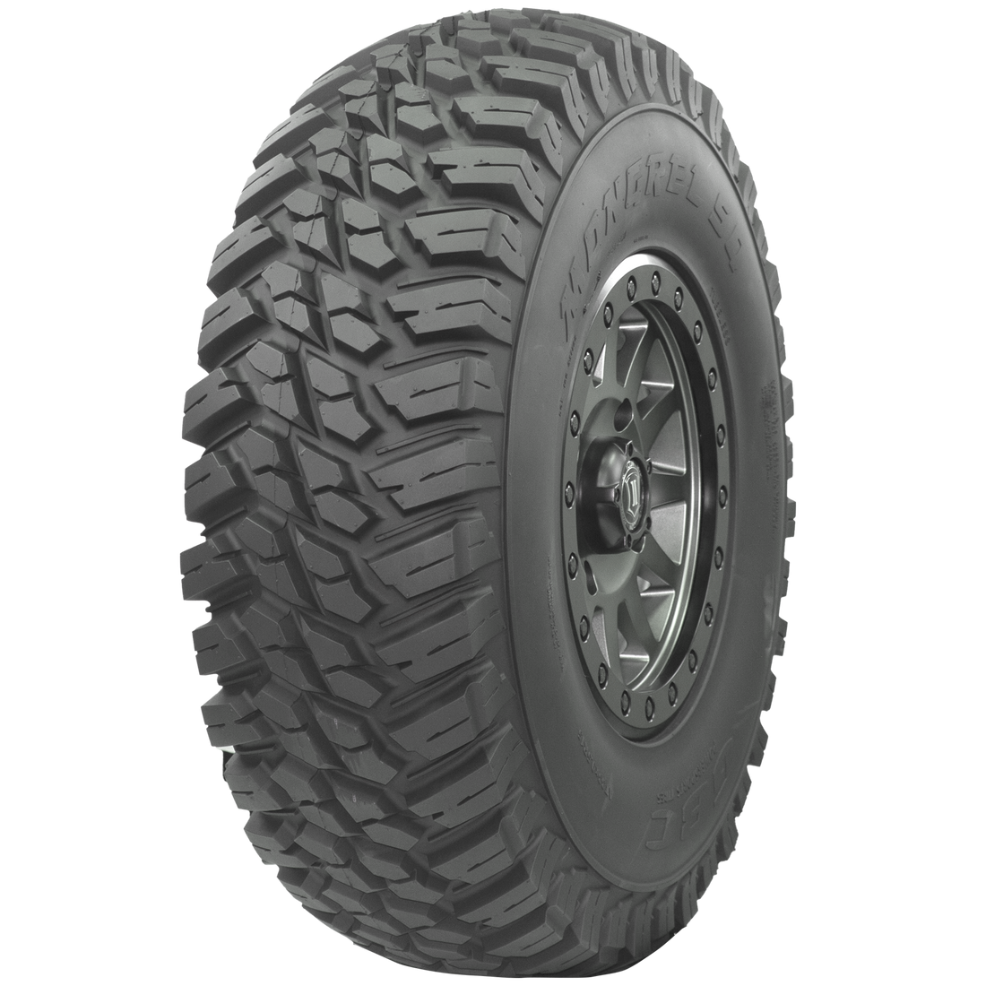Angle view of Mongrel SQ ATV/UTV tire, demonstrating the tread, partial sidewall, and rim. The image highlights the tire's unique square profile designed for maximizing contact with the road, enhancing stability and control.