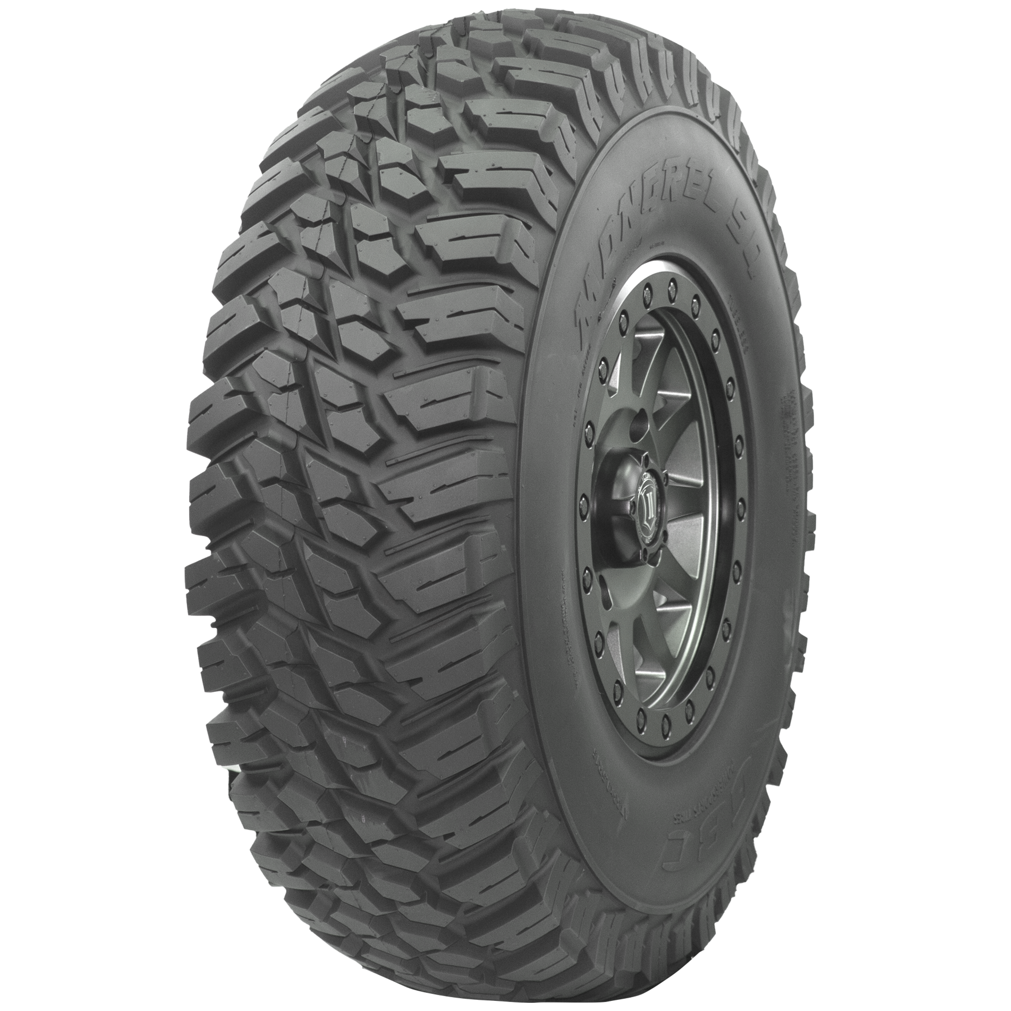 Angle view of Mongrel SQ ATV/UTV tire, demonstrating the tread, partial sidewall, and rim. The image highlights the tire's unique square profile designed for maximizing contact with the road, enhancing stability and control.