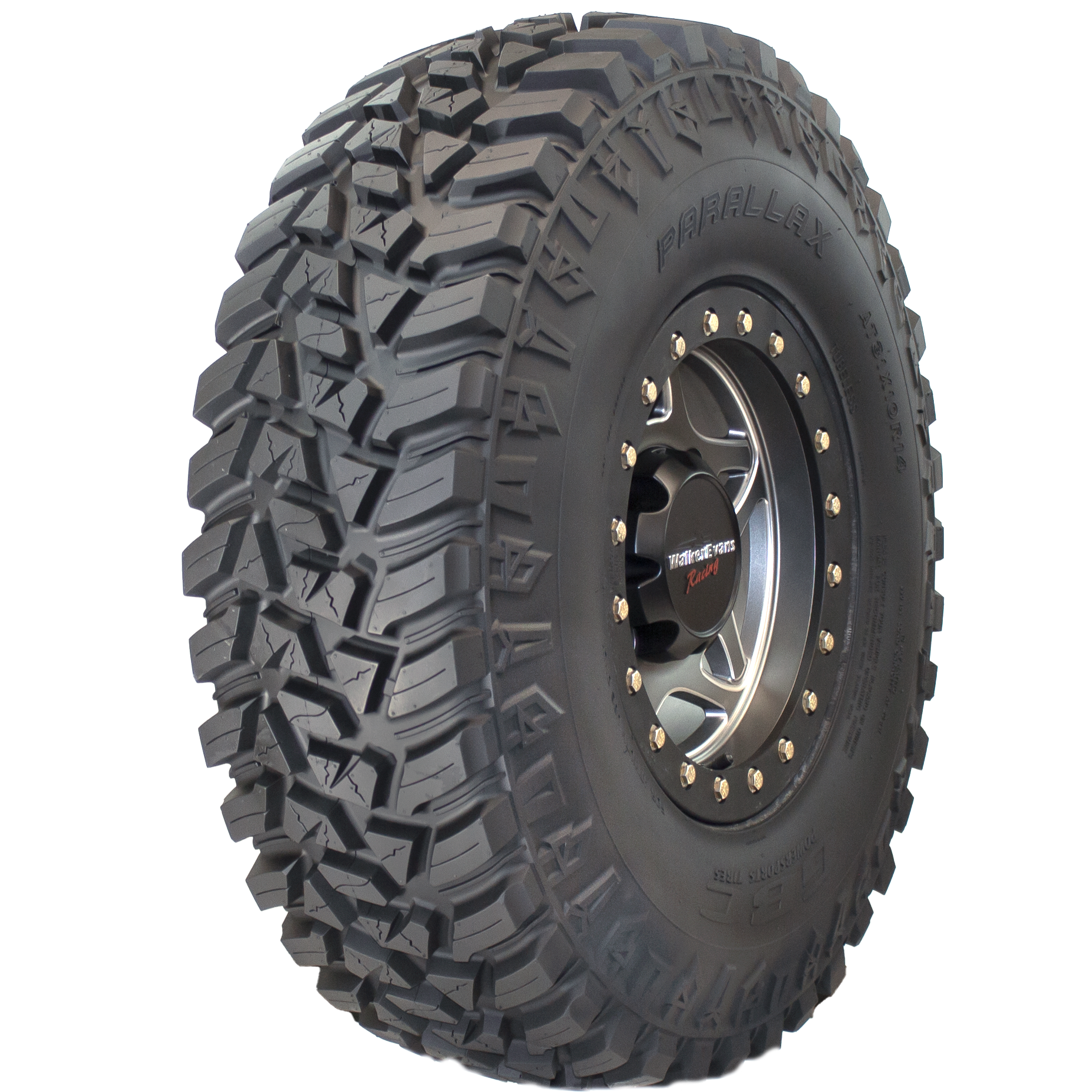 Angle view of the Parallax UTV tire, highlighting its solid and sleek profile, which enhances the aesthetics of any vehicle while promising consistent off-road performance.