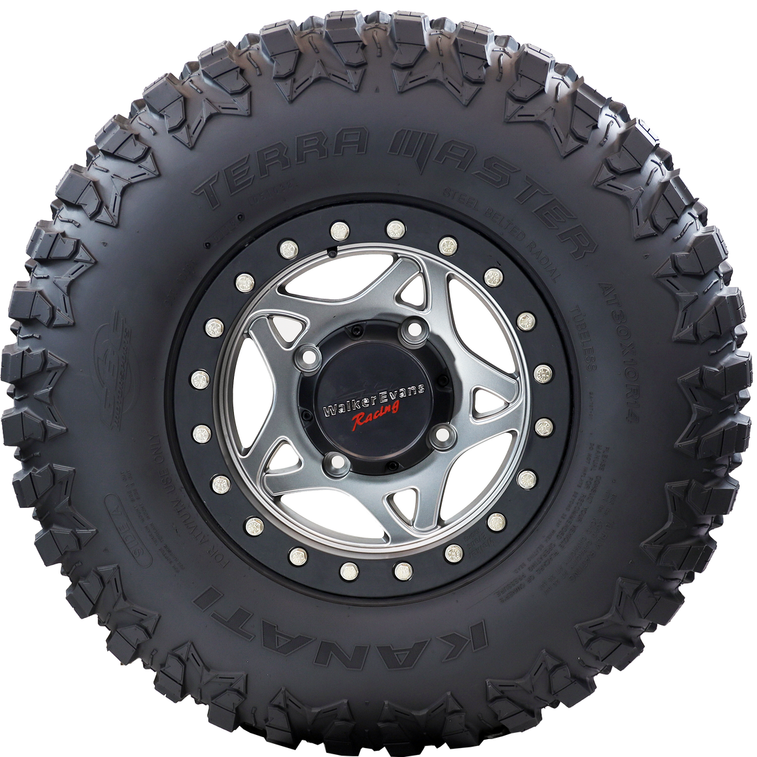 Side view of Terra Master ATV/UTV tire, providing a clear image of the durable sidewall and aggressive shoulder lugs. These design elements offer excellent stability and control on challenging off-road surfaces
