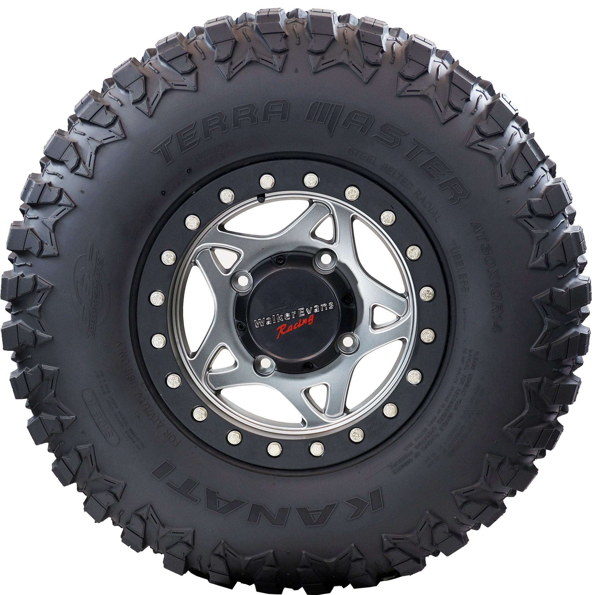 Side view of Terra Master ATV/UTV tire, providing a clear image of the durable sidewall and aggressive shoulder lugs. These design elements offer excellent stability and control on challenging off-road surfaces
