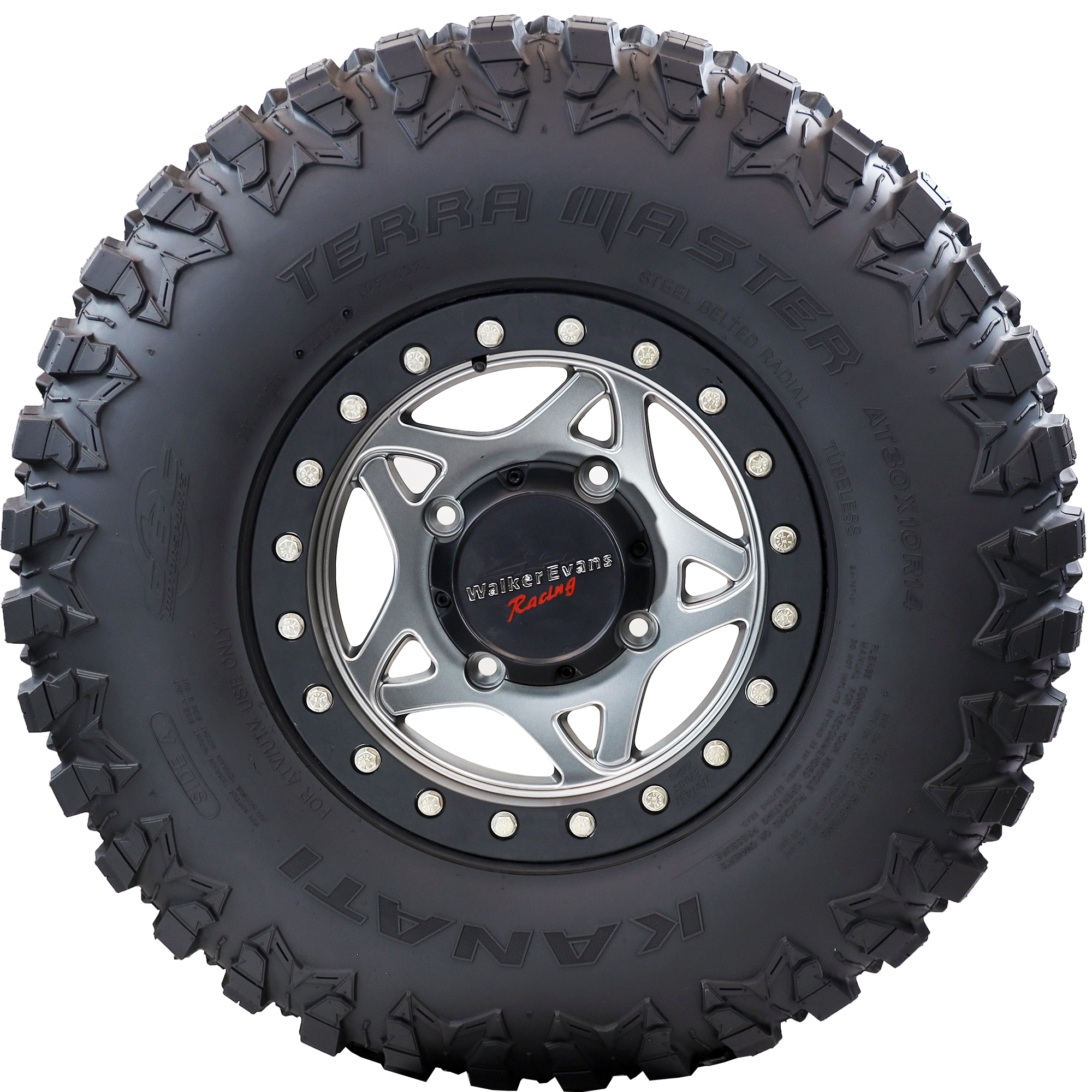 Side view of Terra Master ATV/UTV tire, providing a clear image of the durable sidewall and aggressive shoulder lugs. These design elements offer excellent stability and control on challenging off-road surfaces