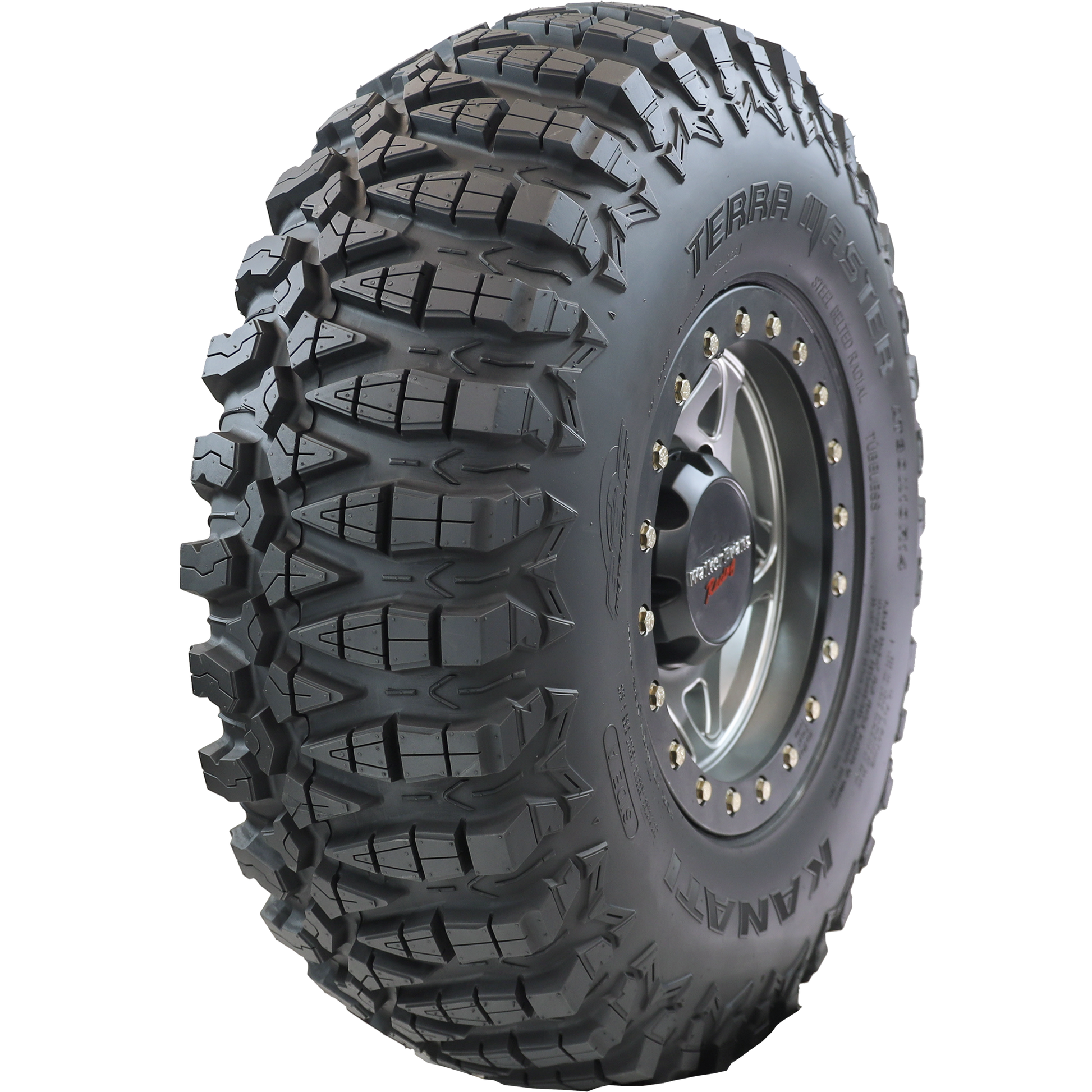 Angle view of Terra Master ATV/UTV tire, showing the tread, partial sidewall, and the rim. The image showcases the tire's profile optimized for fierce straight-line traction, and side bite offering greater control during cornering, ensuring a high-performance ride in varied terrains.
