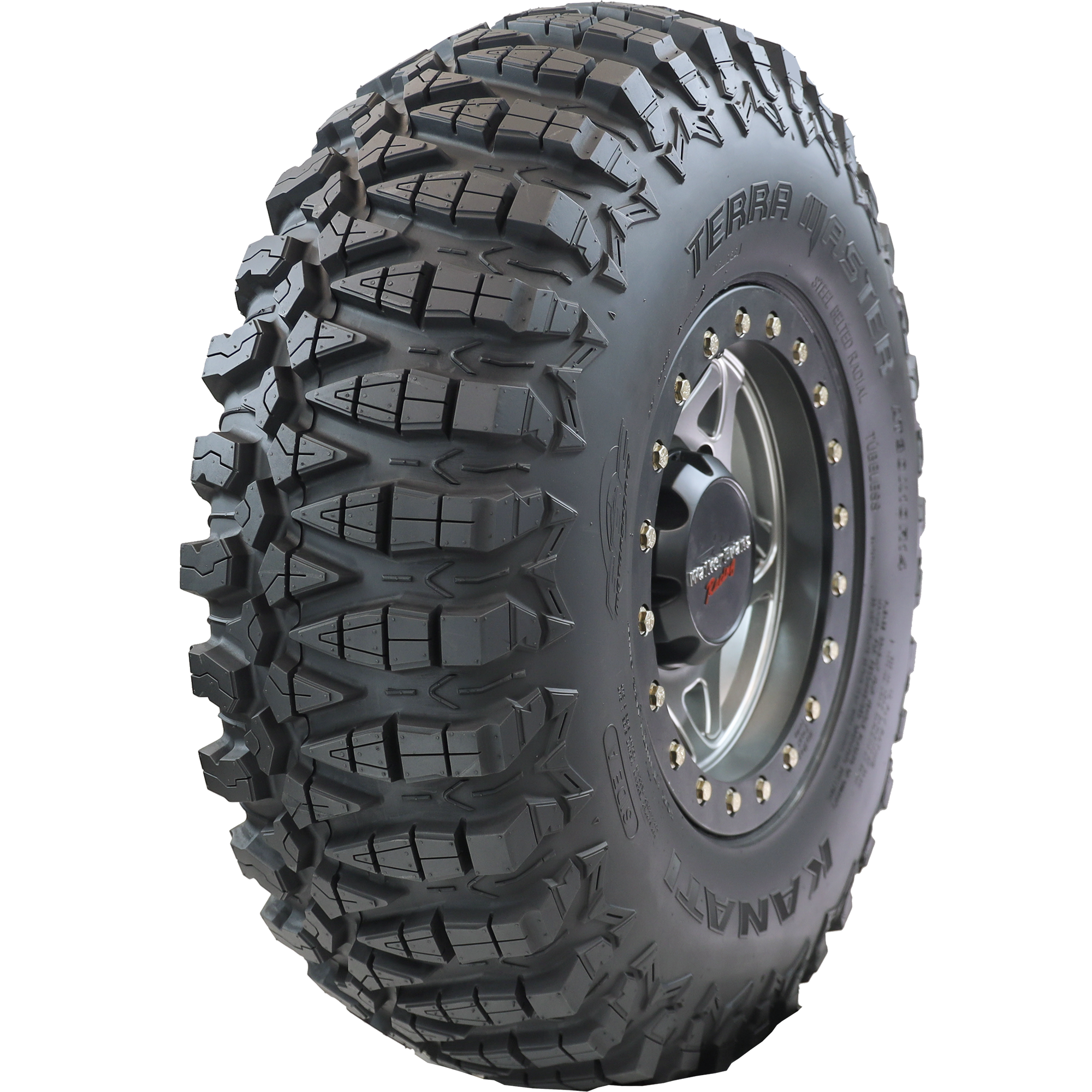 Angle view of Terra Master ATV/UTV tire, showing the tread, partial sidewall, and the rim. The image showcases the tire's profile optimized for fierce straight-line traction, and side bite offering greater control during cornering, ensuring a high-performance ride in varied terrains.