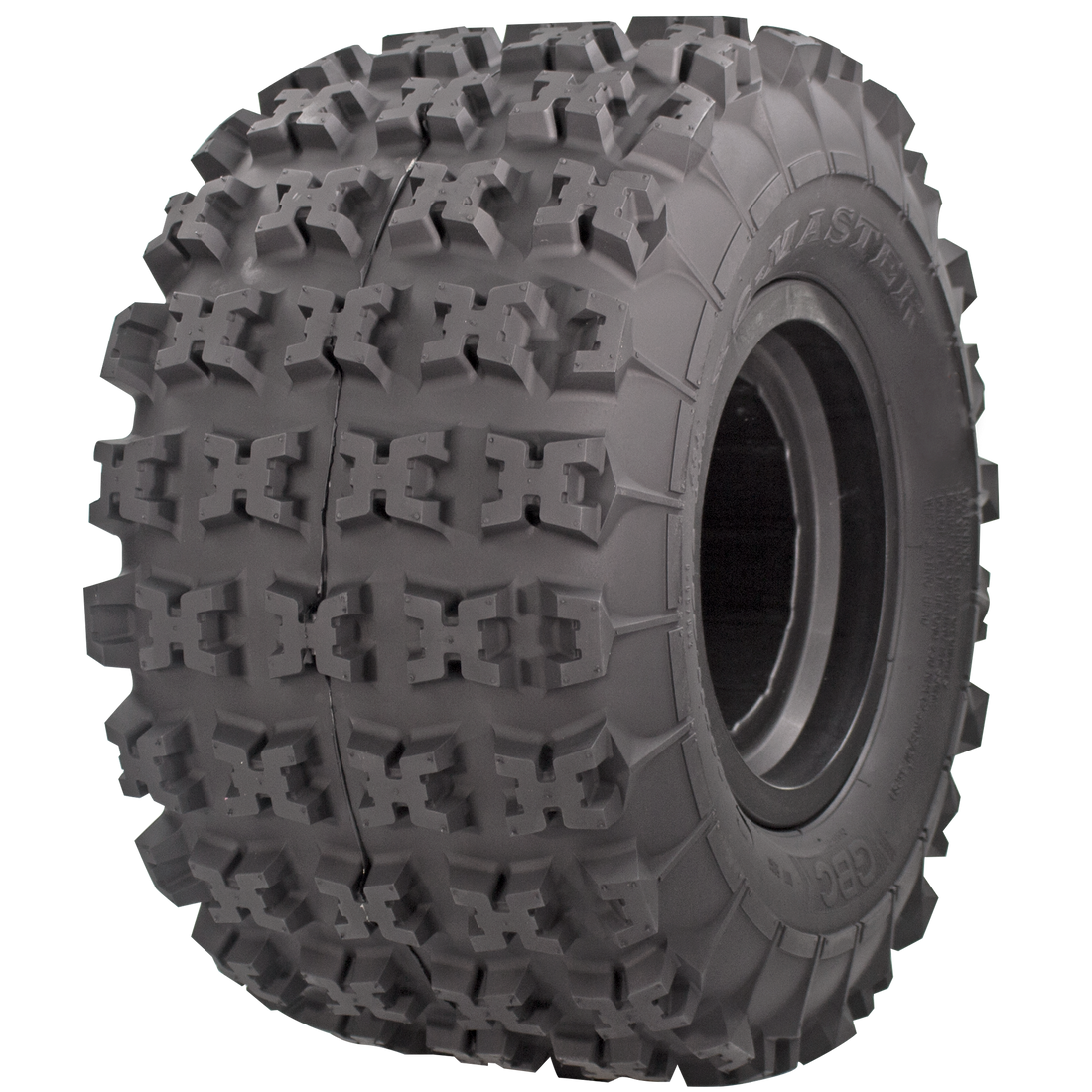 Angle view of the XC-Master ATV rear tire. This angle displays the X-knob tread and the sidewall featuring its puncture-resistant casing.
