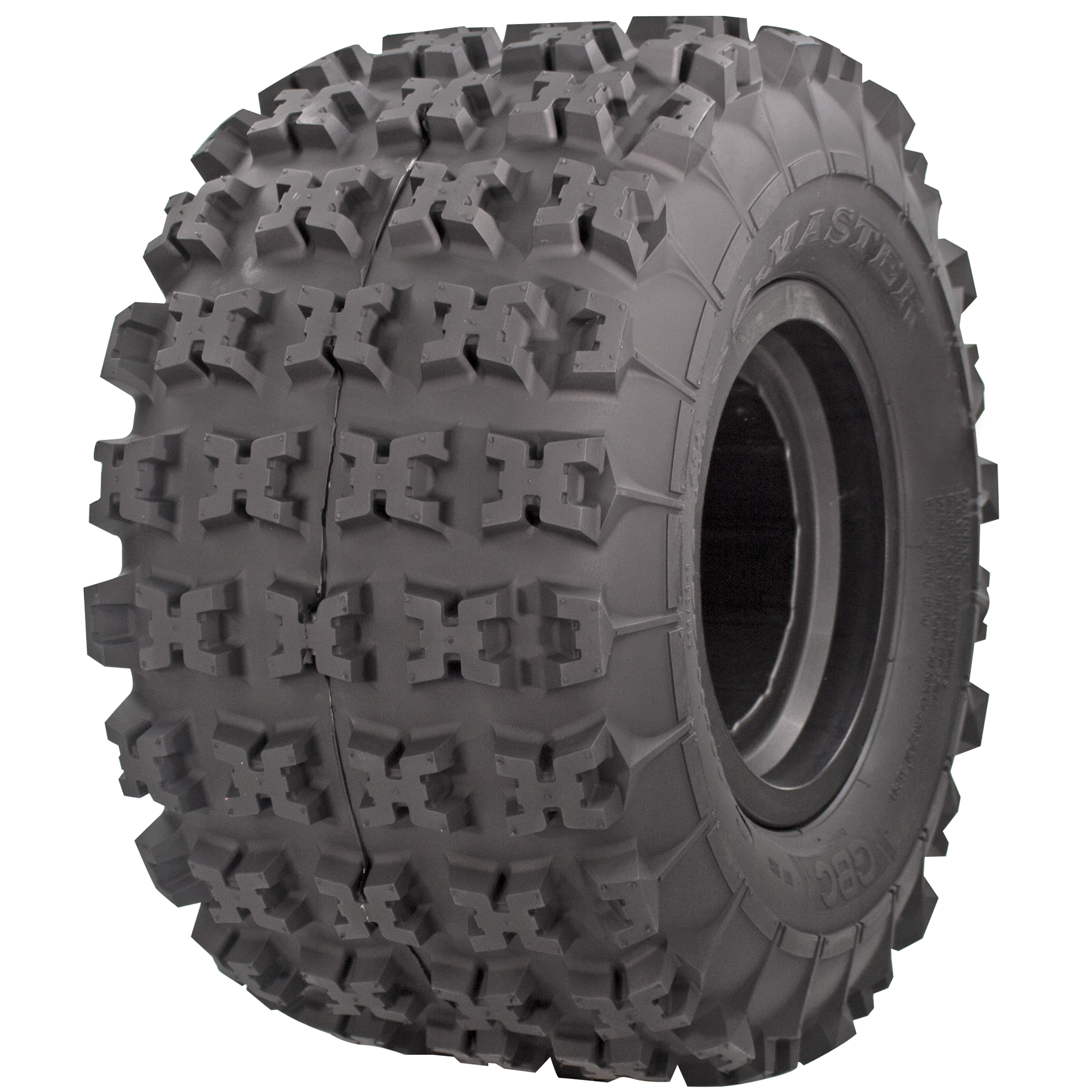 Angle view of the XC-Master ATV rear tire. This angle displays the X-knob tread and the sidewall featuring its puncture-resistant casing.