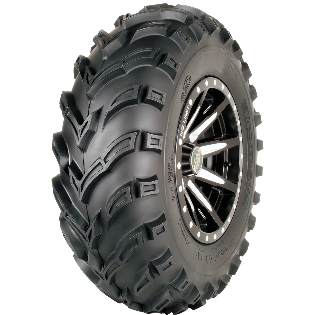 Angle view of Dirt Devil Powersport tire for ATVs and UTVs, showcasing the high-traction tread, sturdy sidewall, and sleek rim, ideal for off-road terrains.
