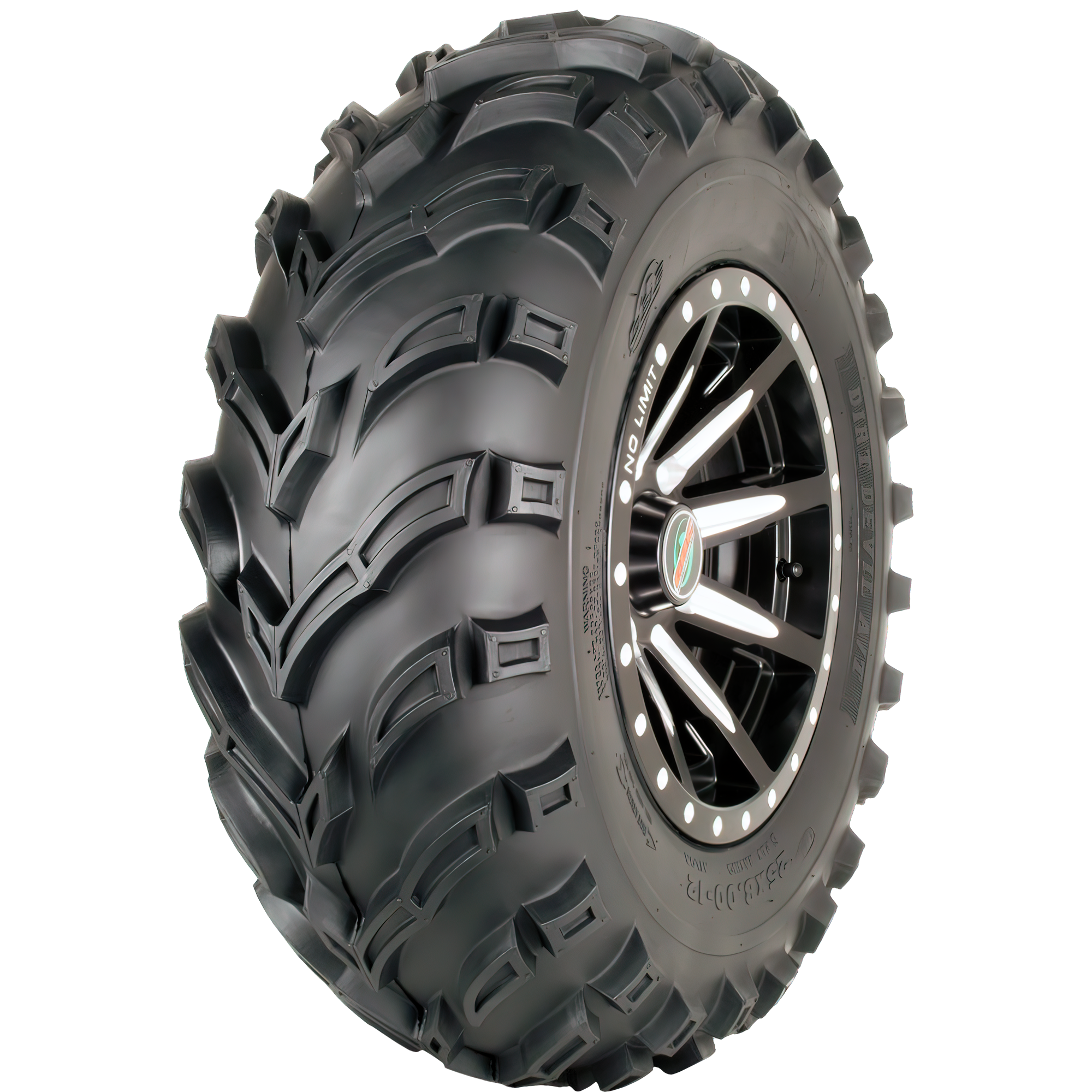 Angle view of Dirt Devil Powersport tire for ATVs and UTVs, showcasing the high-traction tread, sturdy sidewall, and sleek rim, ideal for off-road terrains.
