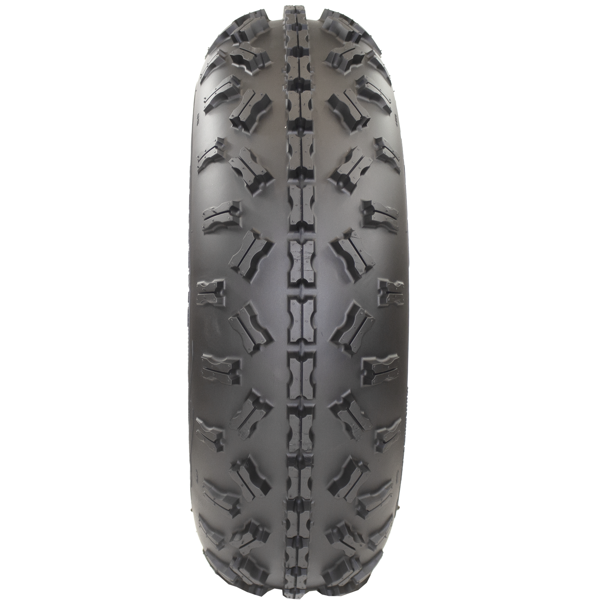 Full frontal view of Ground Buster 3 ATV Front tire, emphasizing its non-directional, sipped X-knob tread pattern. This design enhances flex and provides the edge needed for competitive racing on intermediate to hard terrains.