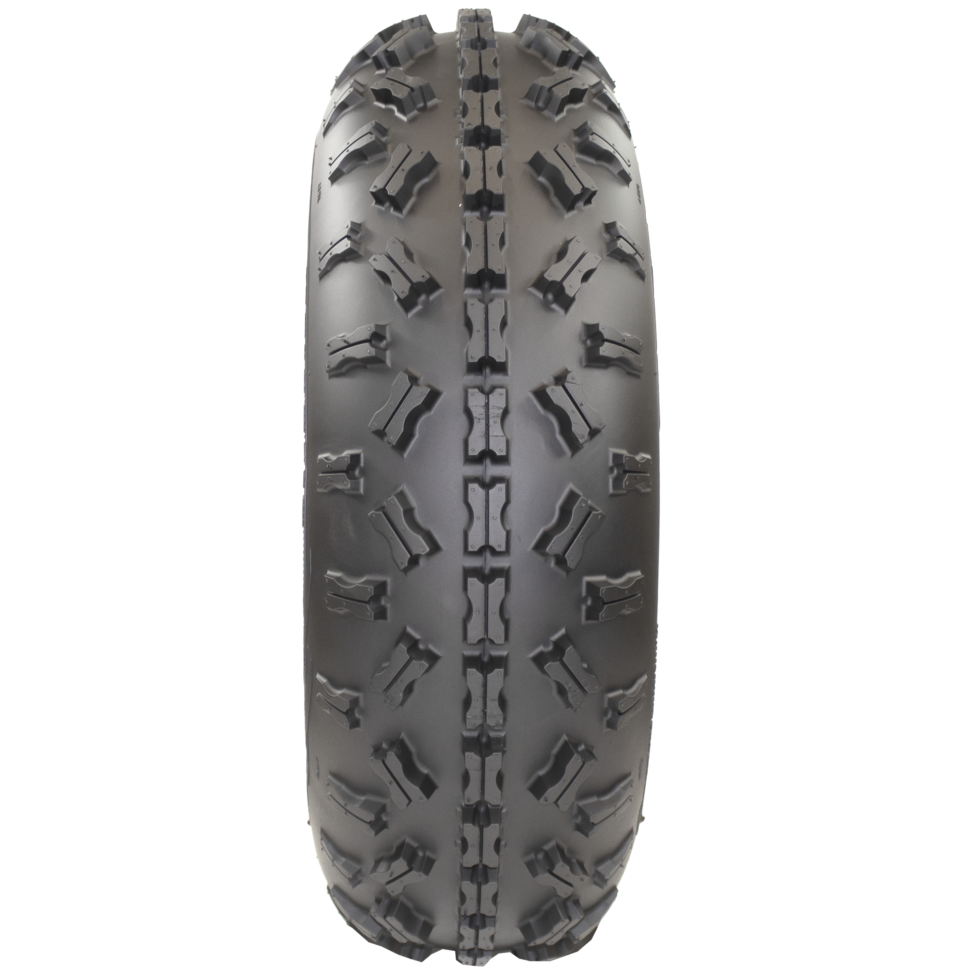 Full frontal view of Ground Buster 3 ATV Front tire, emphasizing its non-directional, sipped X-knob tread pattern. This design enhances flex and provides the edge needed for competitive racing on intermediate to hard terrains.